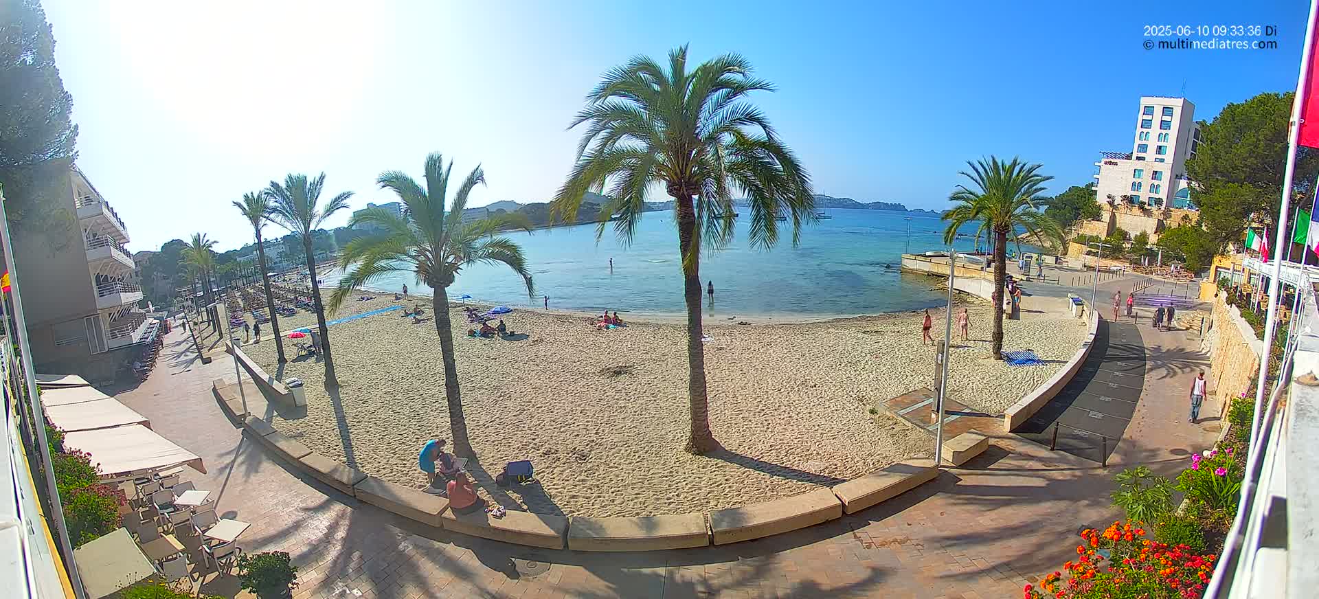 A sandy beach with palm trees and several people on a sunny day, next to a paved walkway and buildings.