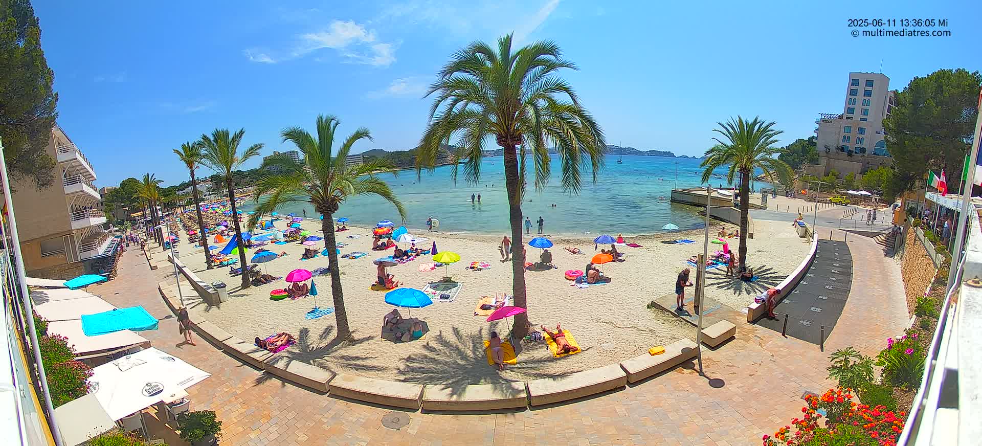 A sunny beach scene shows numerous people relaxing under colorful umbrellas on a sandy beach next to calm, clear water, with palm trees lining the shore and buildings visible in the background.
