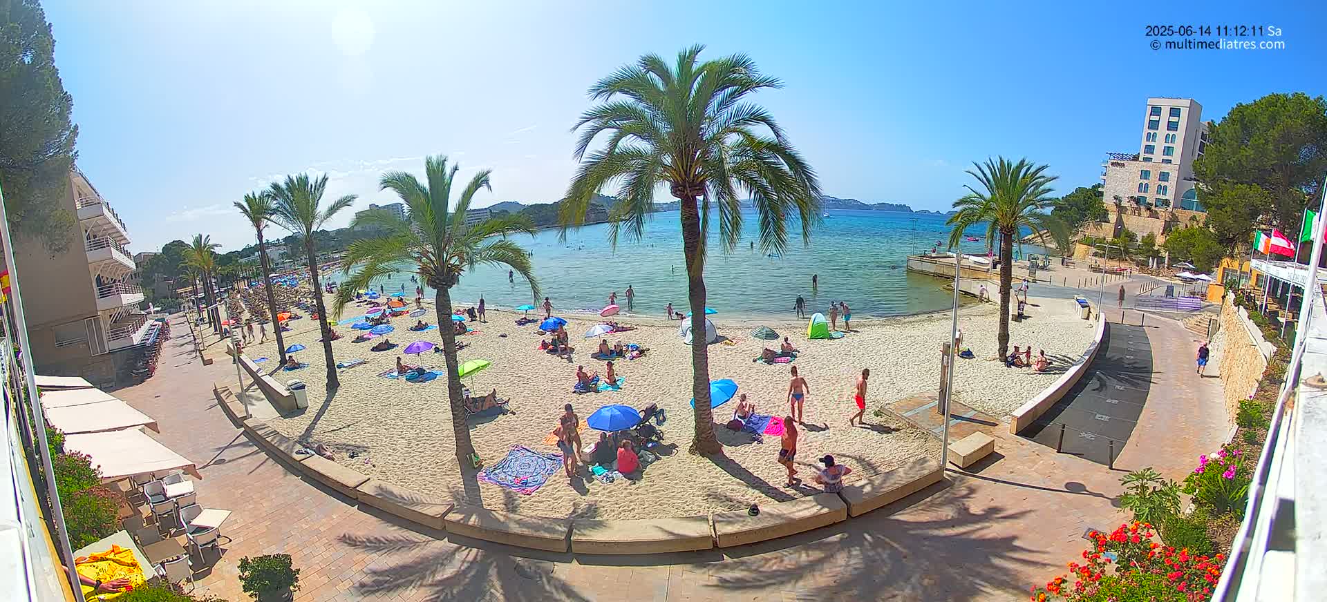 A sandy beach with palm trees and many people sunbathing and swimming in calm, clear water under a bright sunny sky.