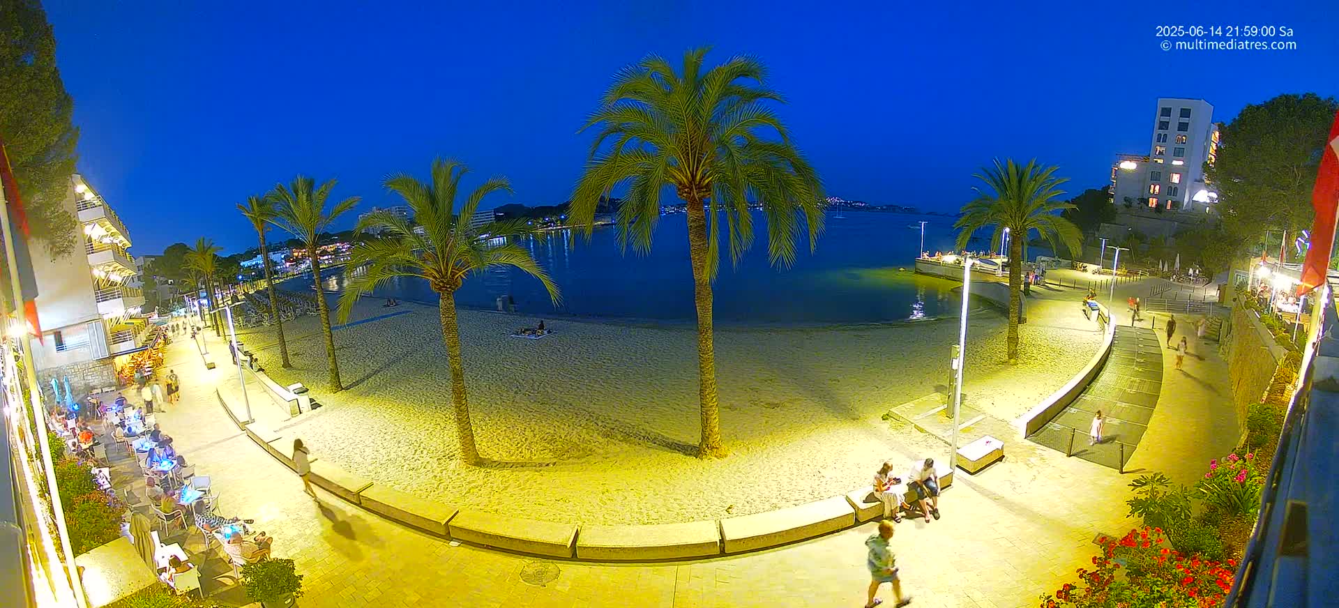A sunny beach scene shows many people relaxing under colorful umbrellas on a sandy beach next to a calm body of water, palm trees, and buildings.