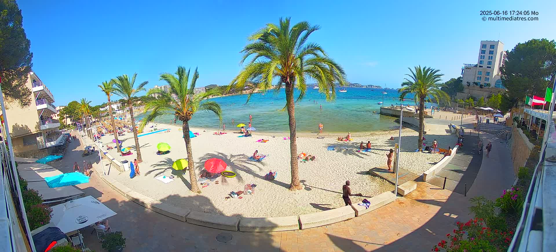 A sunny beach scene shows numerous people relaxing on a sandy beach under colorful umbrellas, with palm trees lining the shore and calm, clear water beyond.