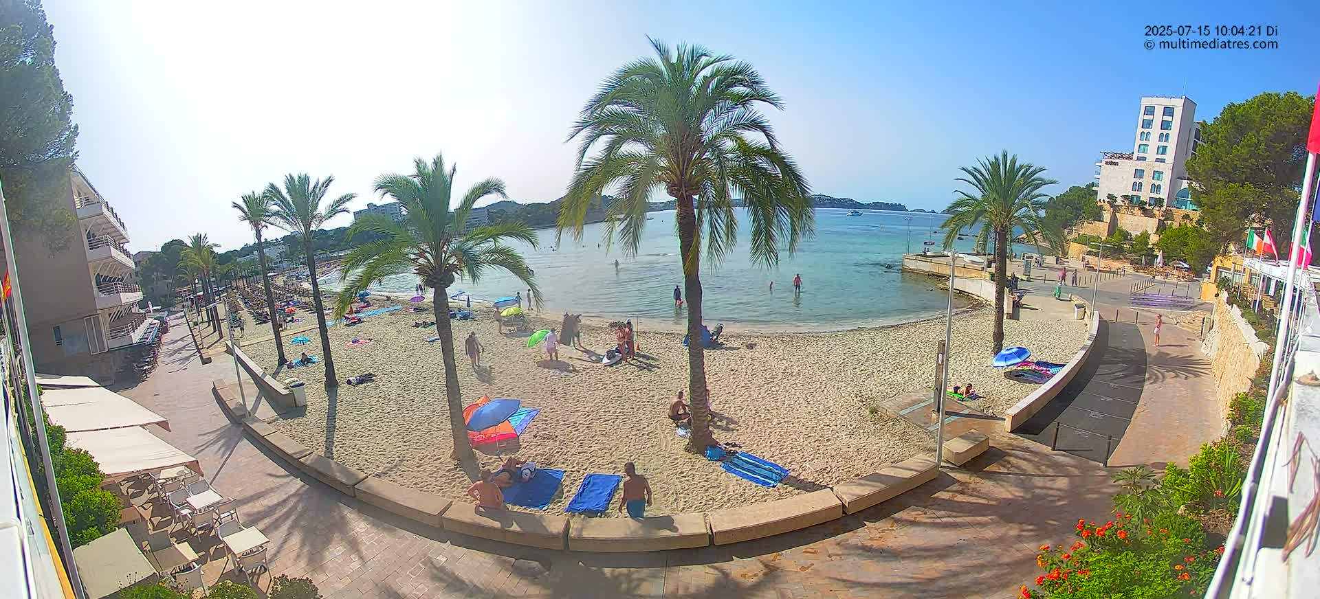 A sunny beach scene shows a sandy beach with people relaxing under umbrellas, palm trees lining the shore, and calm water beyond.