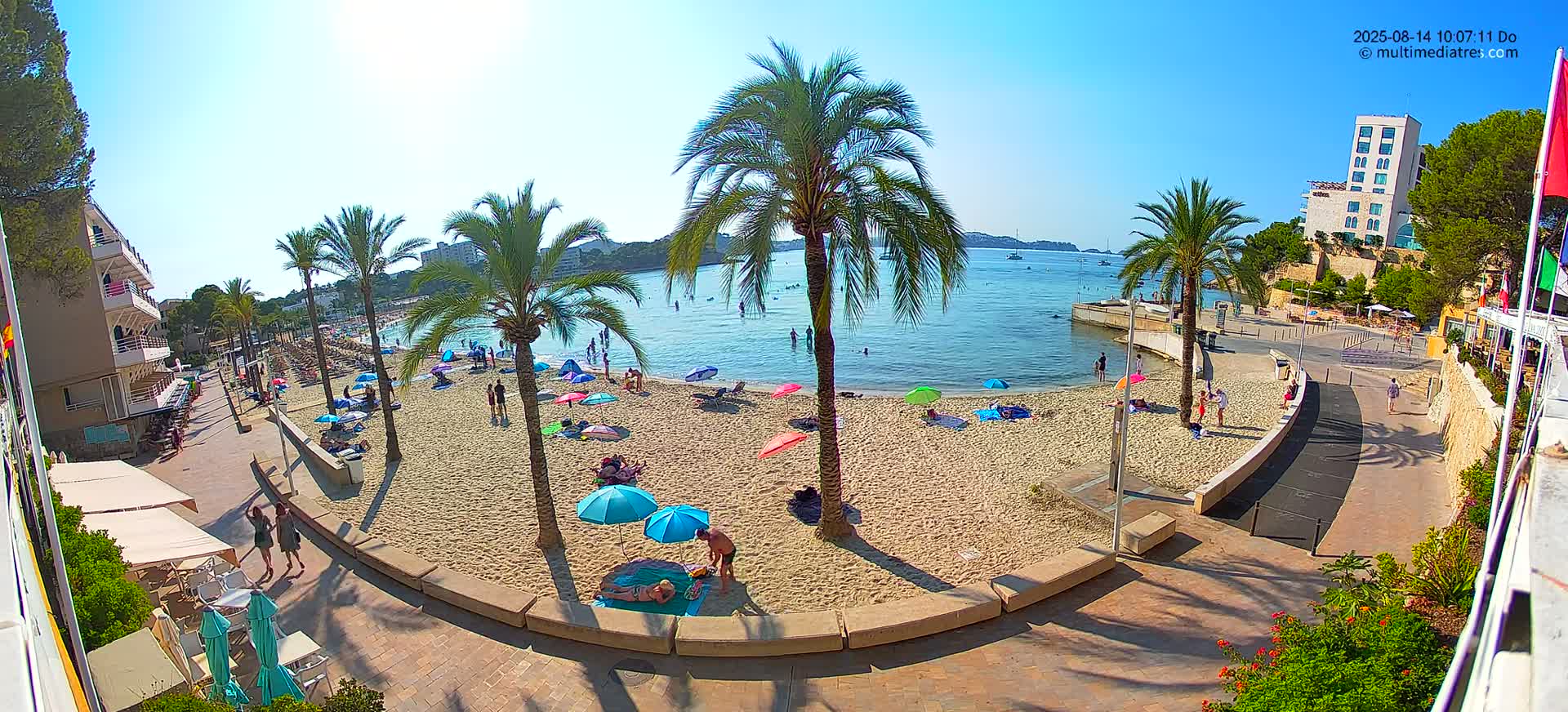 A sunny beach scene shows a sandy beach with people sunbathing under colorful umbrellas, palm trees, and calm blue water with people swimming in the background.