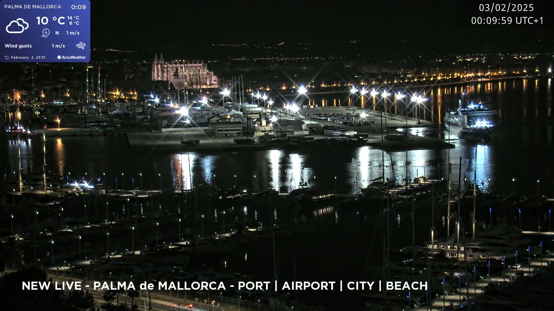 A nighttime harbor scene with many boats docked, illuminated by bright lights, under a clear sky.