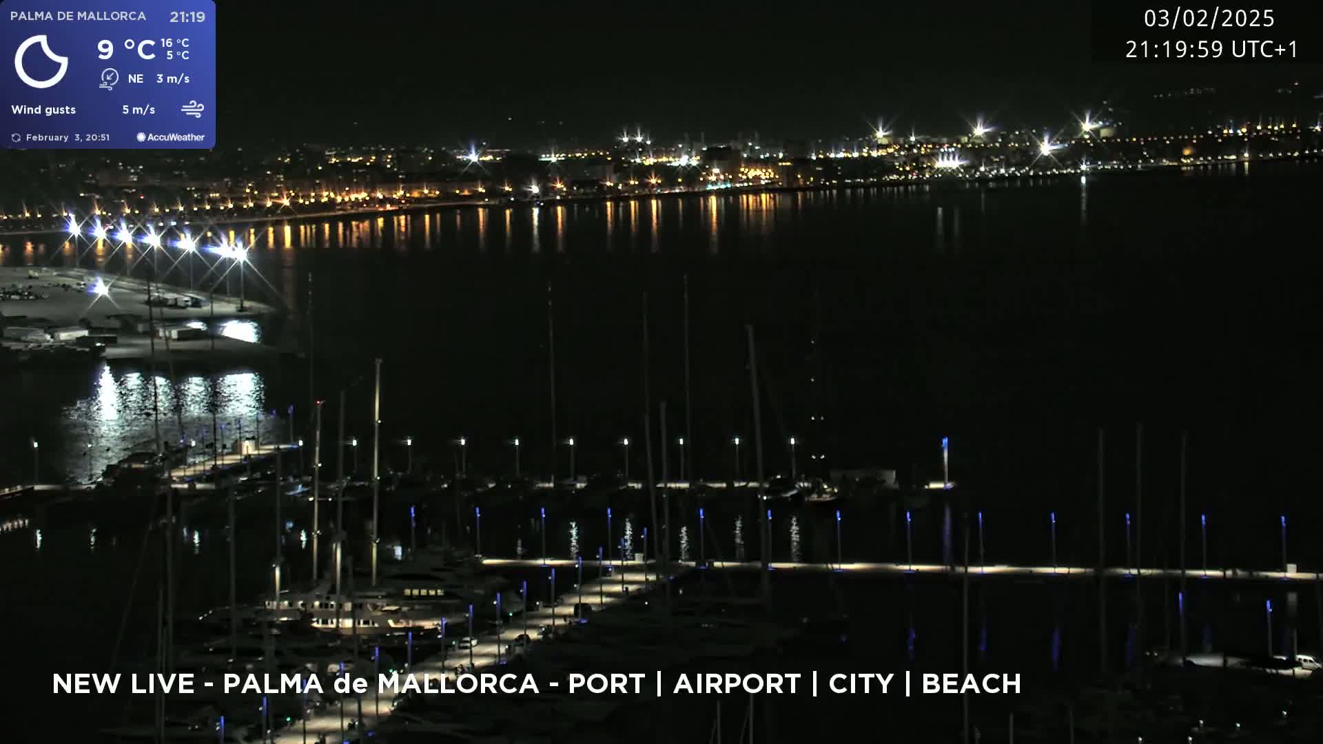A nighttime view of a marina filled with boats, with a brightly lit city across a calm body of water in the background.