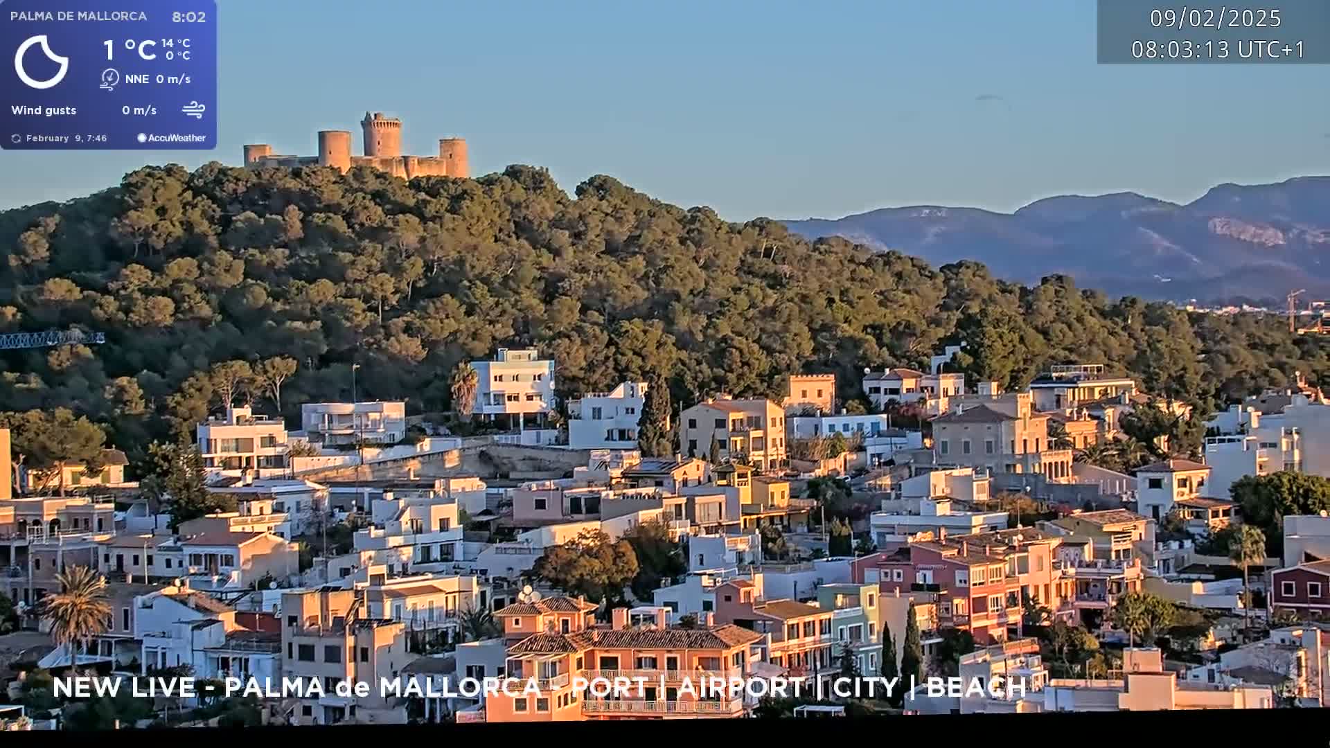 A hilltop castle overlooks a coastal town of colorful buildings bathed in the warm light of sunrise under a clear sky.