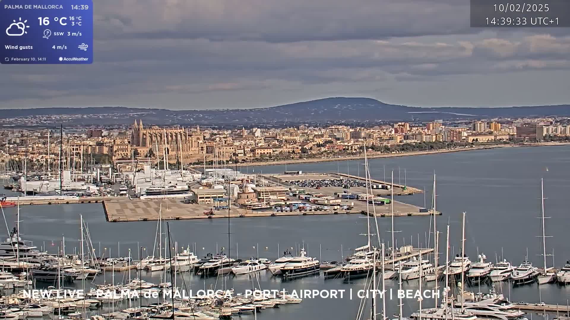 A harbor filled with numerous yachts and sailboats is situated before a city, with a large cathedral visible, under partly cloudy skies.