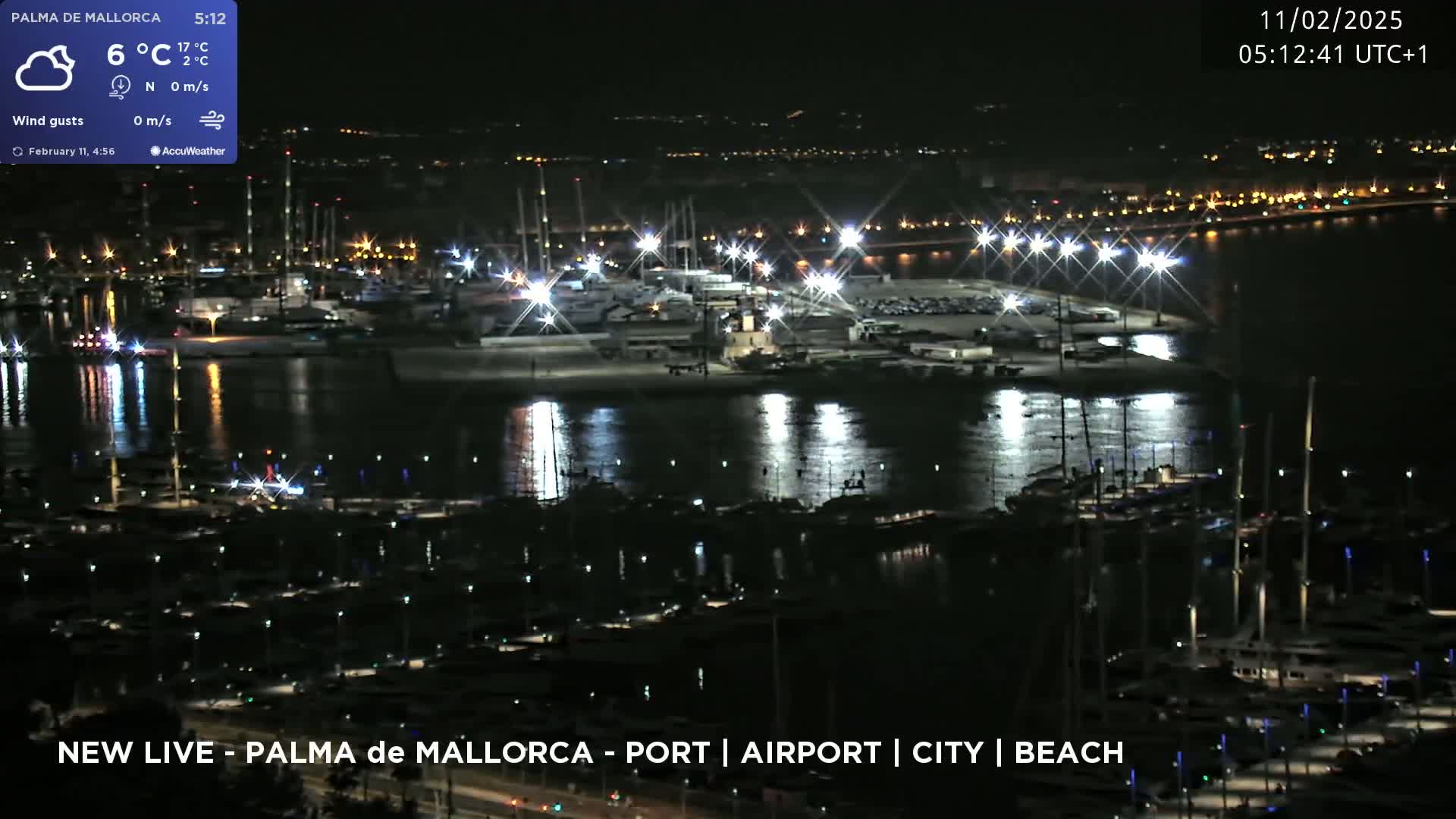 A nighttime harbor filled with boats is brightly lit, under a clear sky.