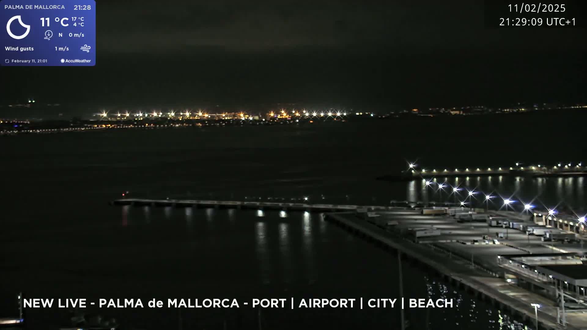 A nighttime view of a city skyline across a body of water, with a brightly lit port area in the foreground.