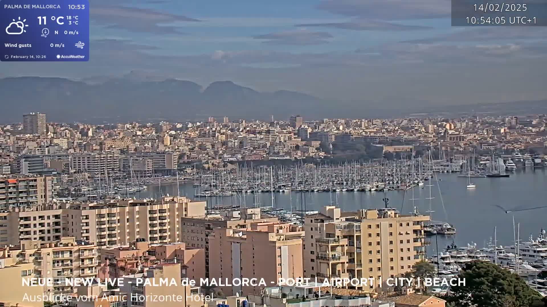 A hazy, daytime view of a coastal city with a large marina filled with numerous boats, backed by numerous buildings and distant mountains.
