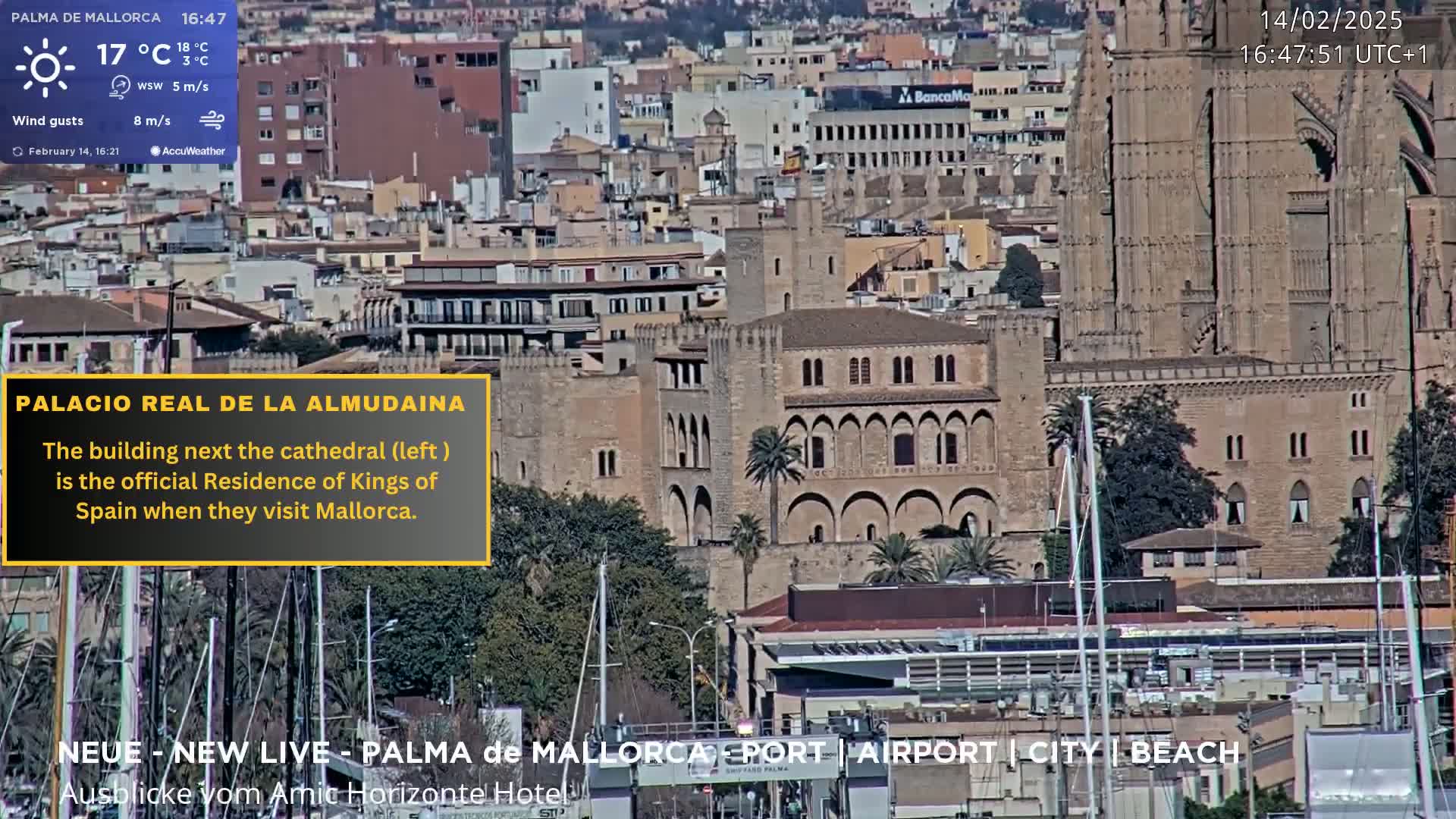 A sunny cityscape shows a large cathedral and a palace next to it, overlooking a harbor with sailboats.