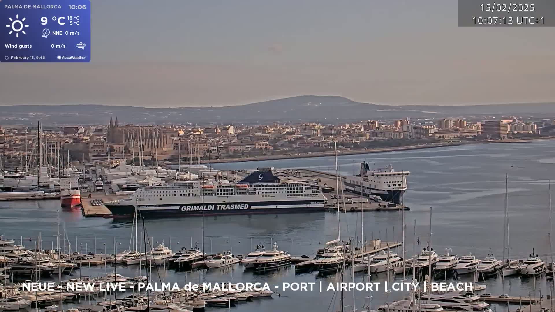 A harbor filled with numerous yachts and two large ferries is shown under a clear, calm sky, with a city and distant mountains in the background.