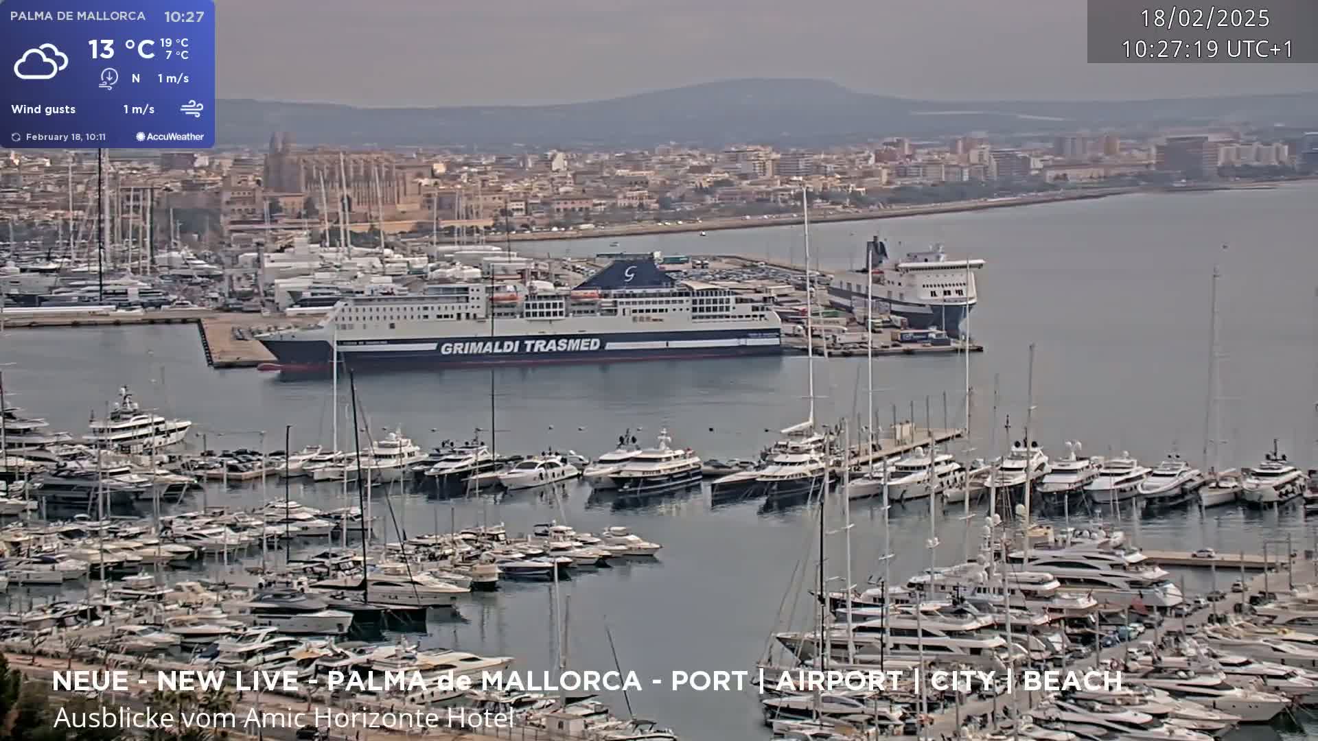 A harbor filled with numerous yachts and two large ferries is viewed on a slightly overcast day.