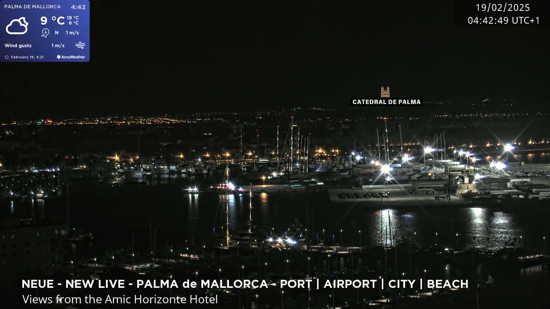 A nighttime view of a harbor filled with boats, a city with lights, and a cathedral in the distance under a clear sky.