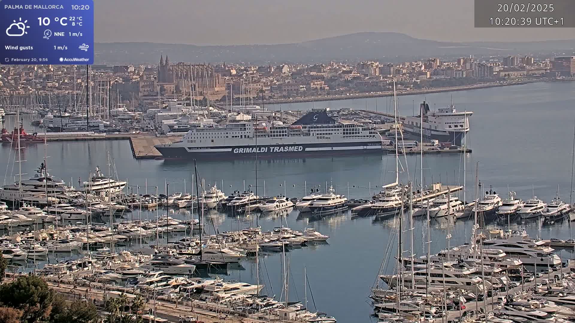 A large ferry is docked in a harbor filled with numerous yachts and sailboats on a partly sunny day.