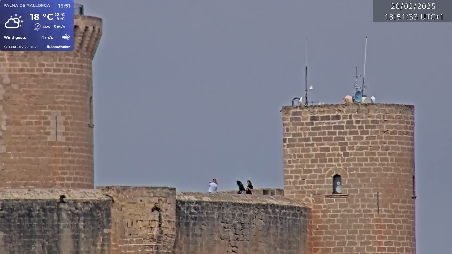 Two stone towers of a castle-like structure are shown under a mostly cloudy sky, with two people sitting atop a connecting wall.