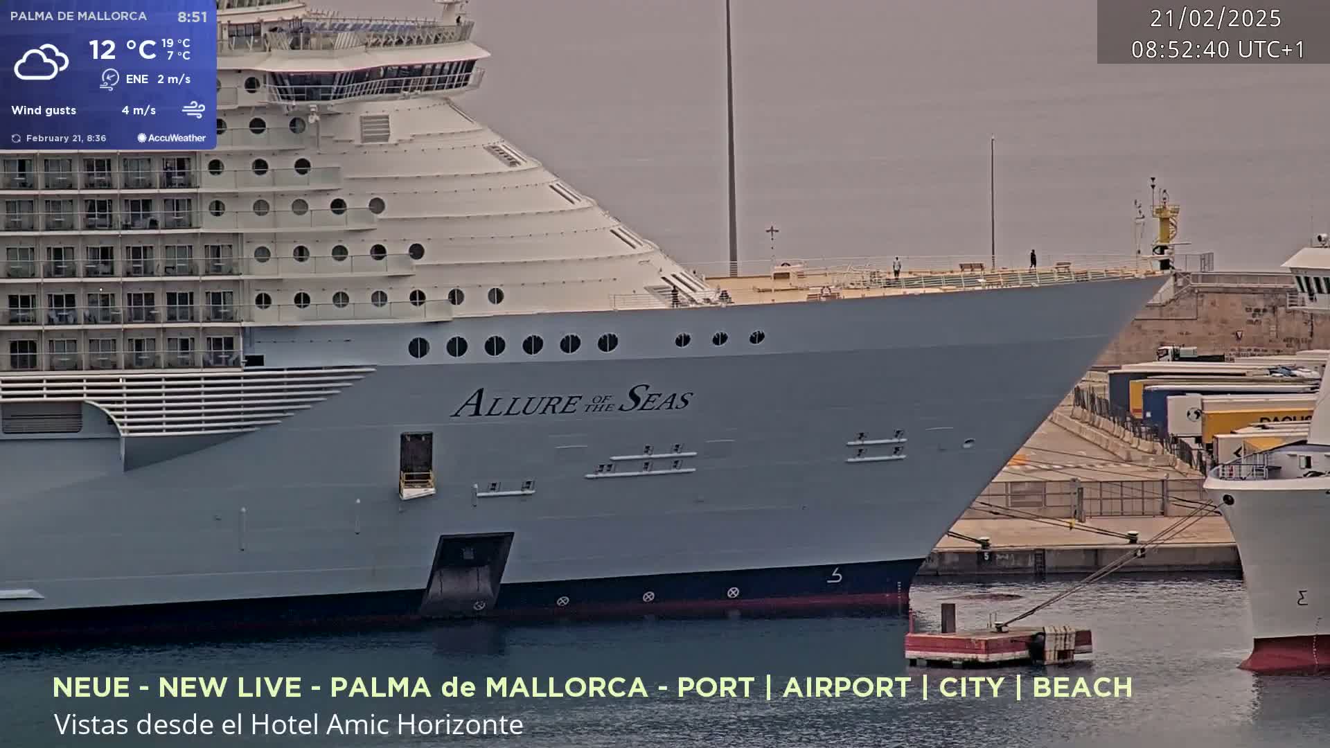 A large cruise ship named "Allure of the Seas" is docked in a harbor on an overcast day.