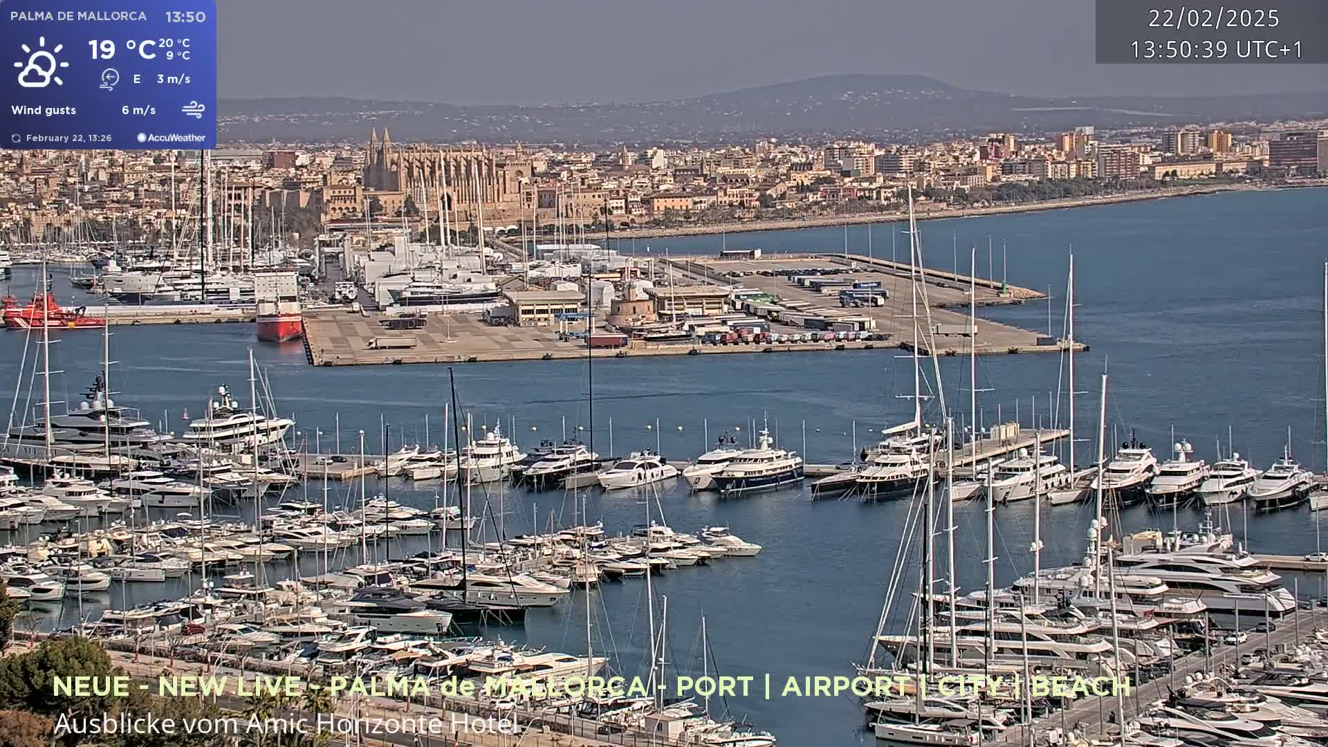 A harbor filled with many yachts and sailboats is shown on a sunny day, with a city and cathedral visible in the background.