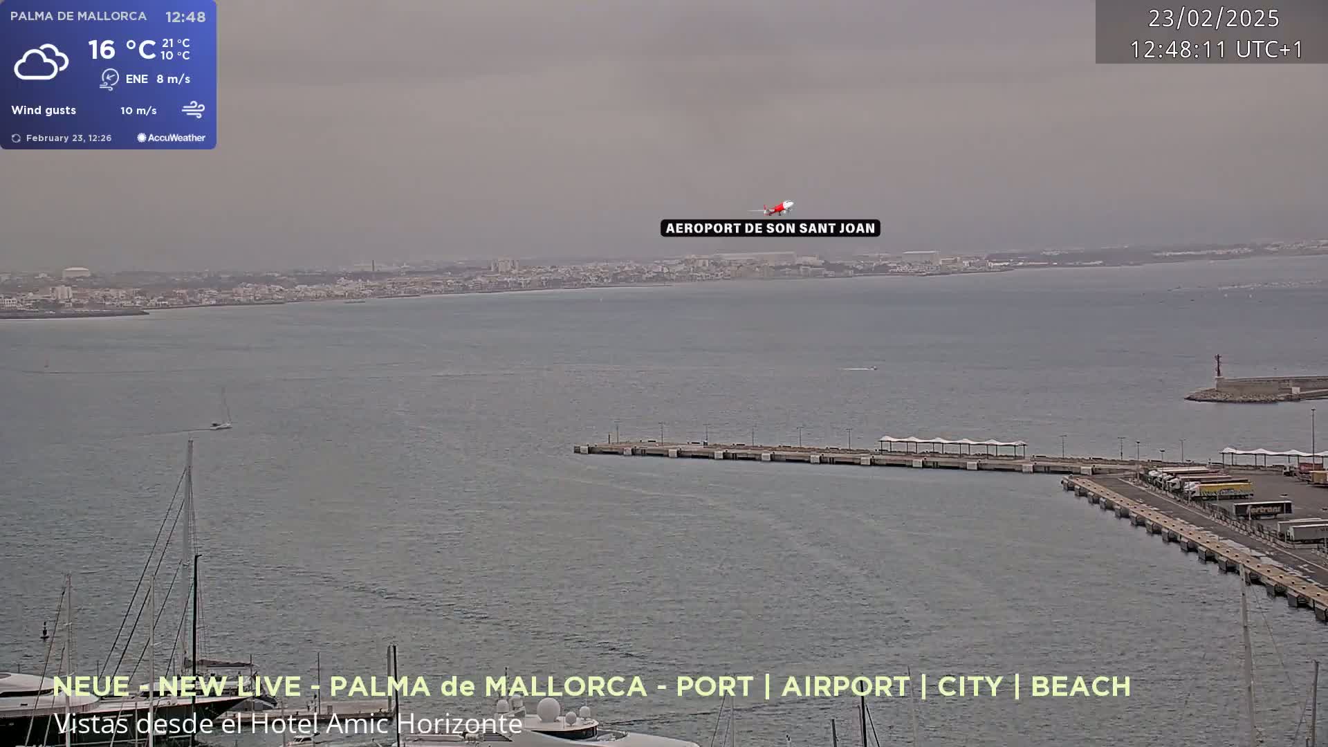 A hazy, overcast day shows a harbor with docked boats, a city in the distance, and an airplane flying over the water.
