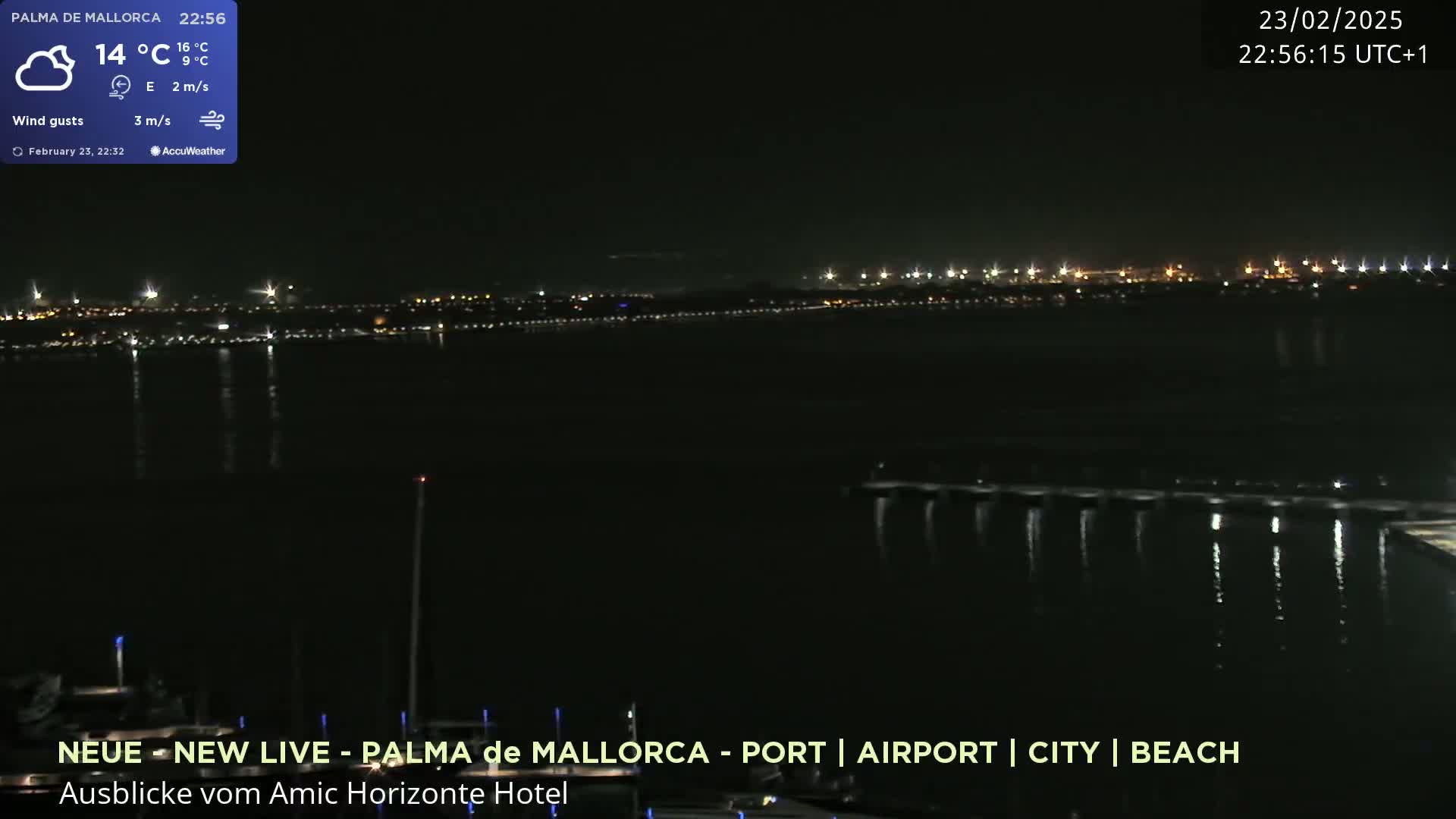 A nighttime view across a dark body of water toward a distant, faintly lit city skyline under a partly cloudy sky.