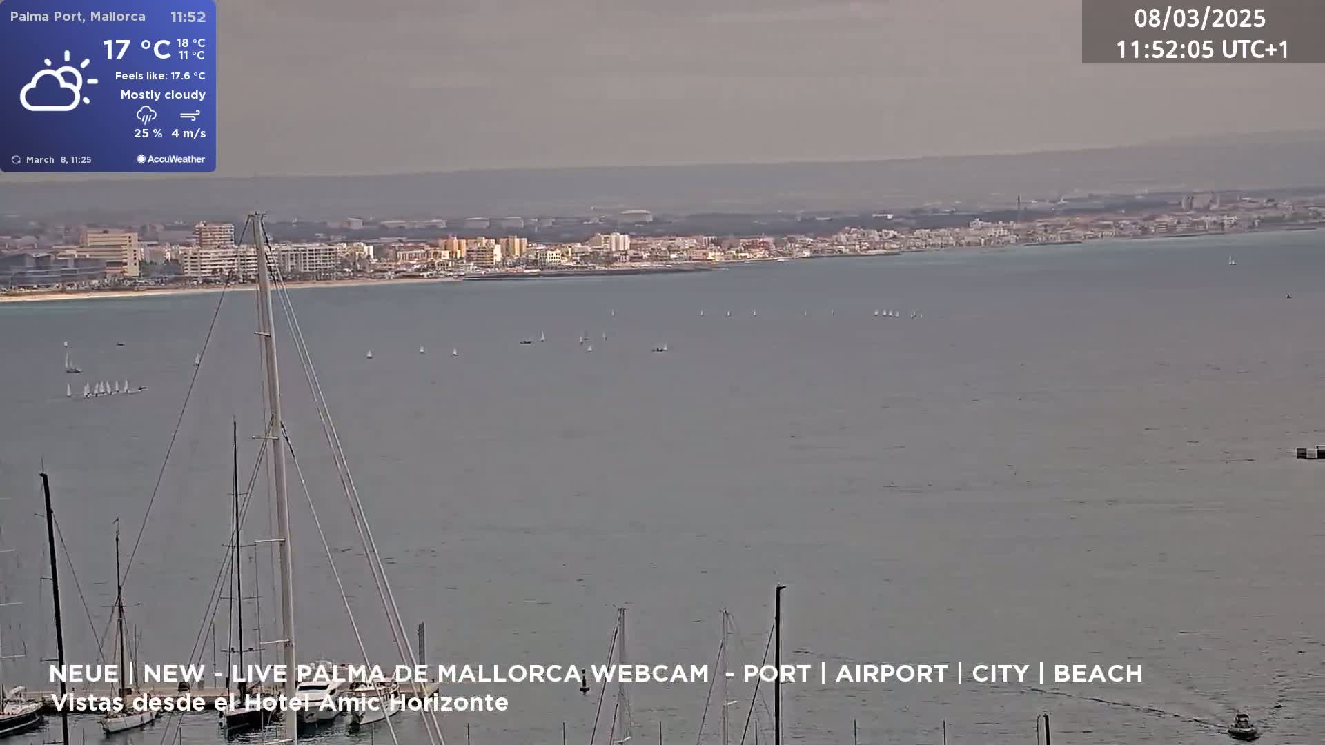 A mostly cloudy day shows a view of a calm harbor with sailboats and a distant cityscape.