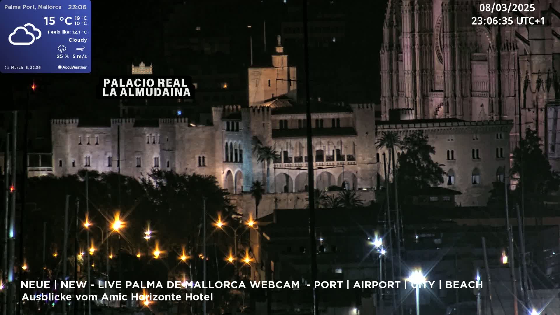 A nighttime view of a city with a large palace and cathedral, illuminated under cloudy skies.
