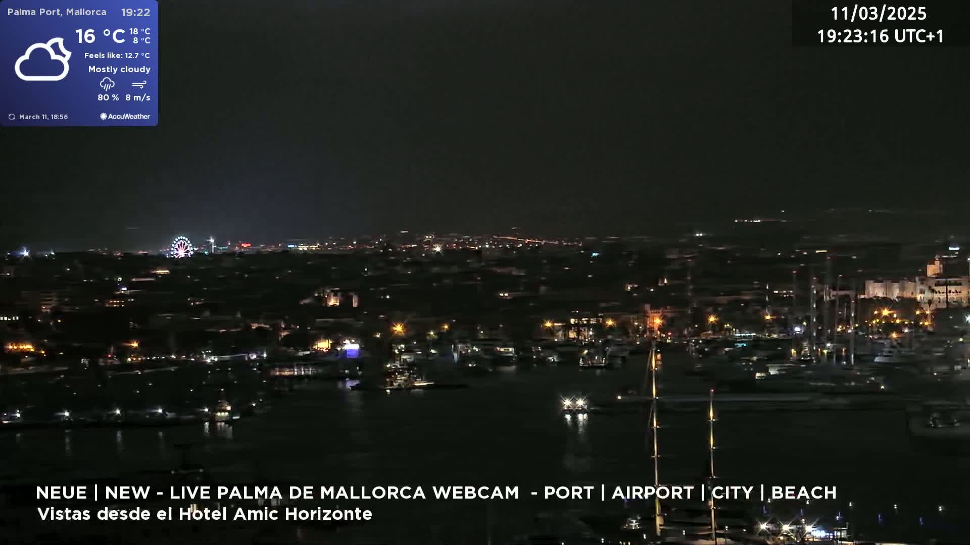 A nighttime, mostly cloudy view of a harbor city with a Ferris wheel in the distance.