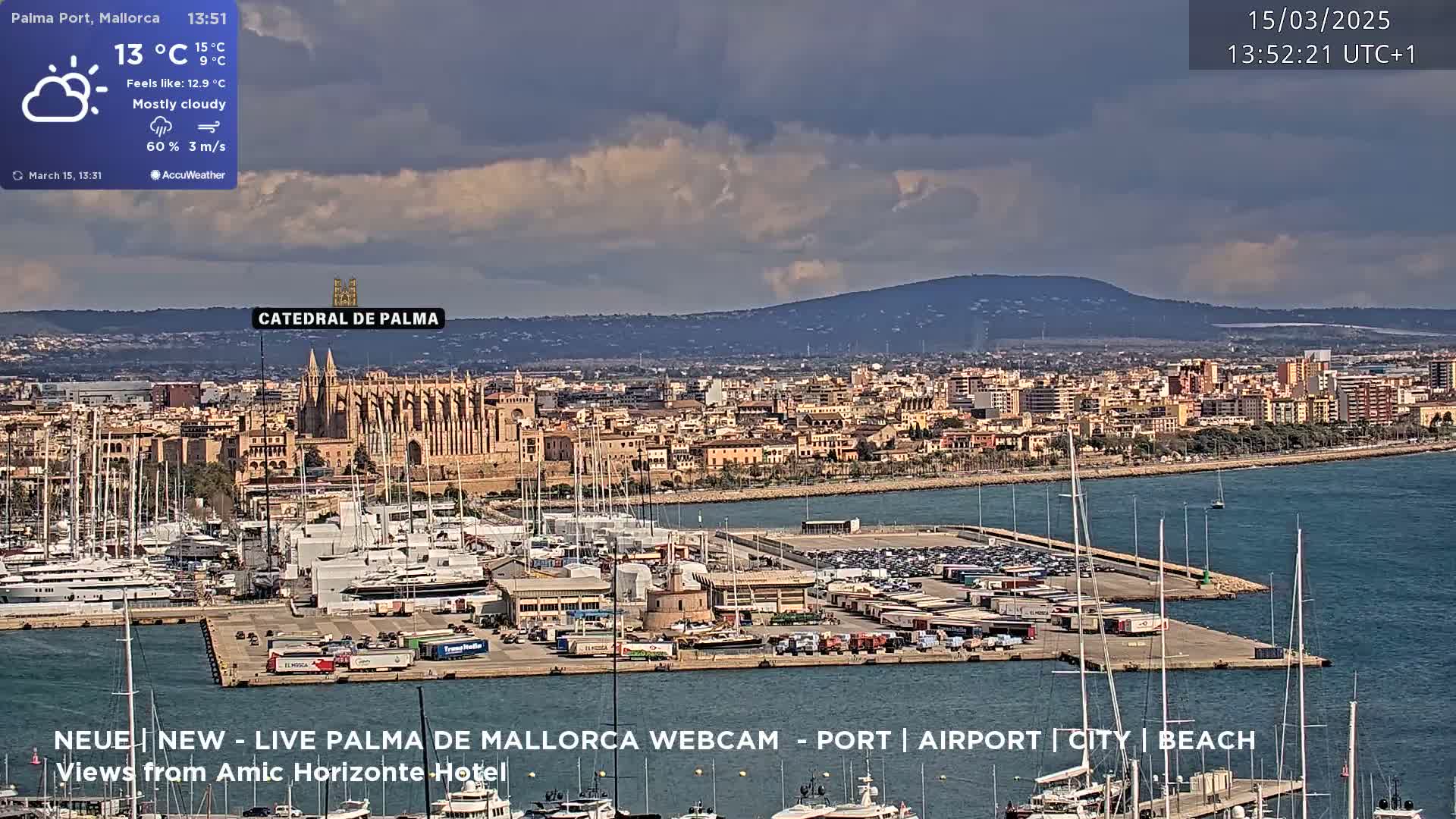 A mostly cloudy day shows a harbor filled with boats and ships in front of a city with a large cathedral, all under a mostly cloudy sky.