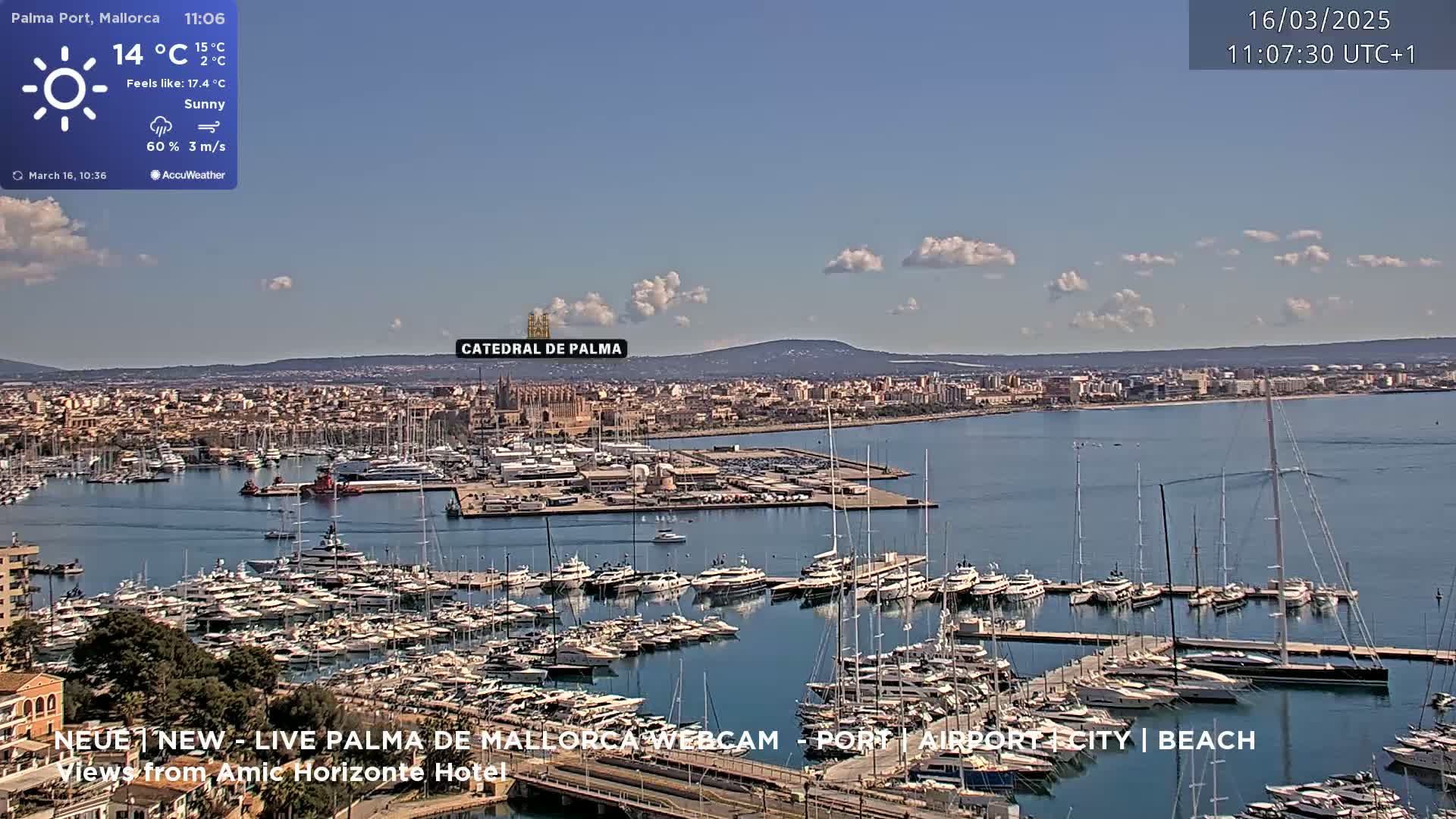 A sunny harbor filled with yachts and sailboats is shown, overlooking a city with a large cathedral under a partly cloudy sky.