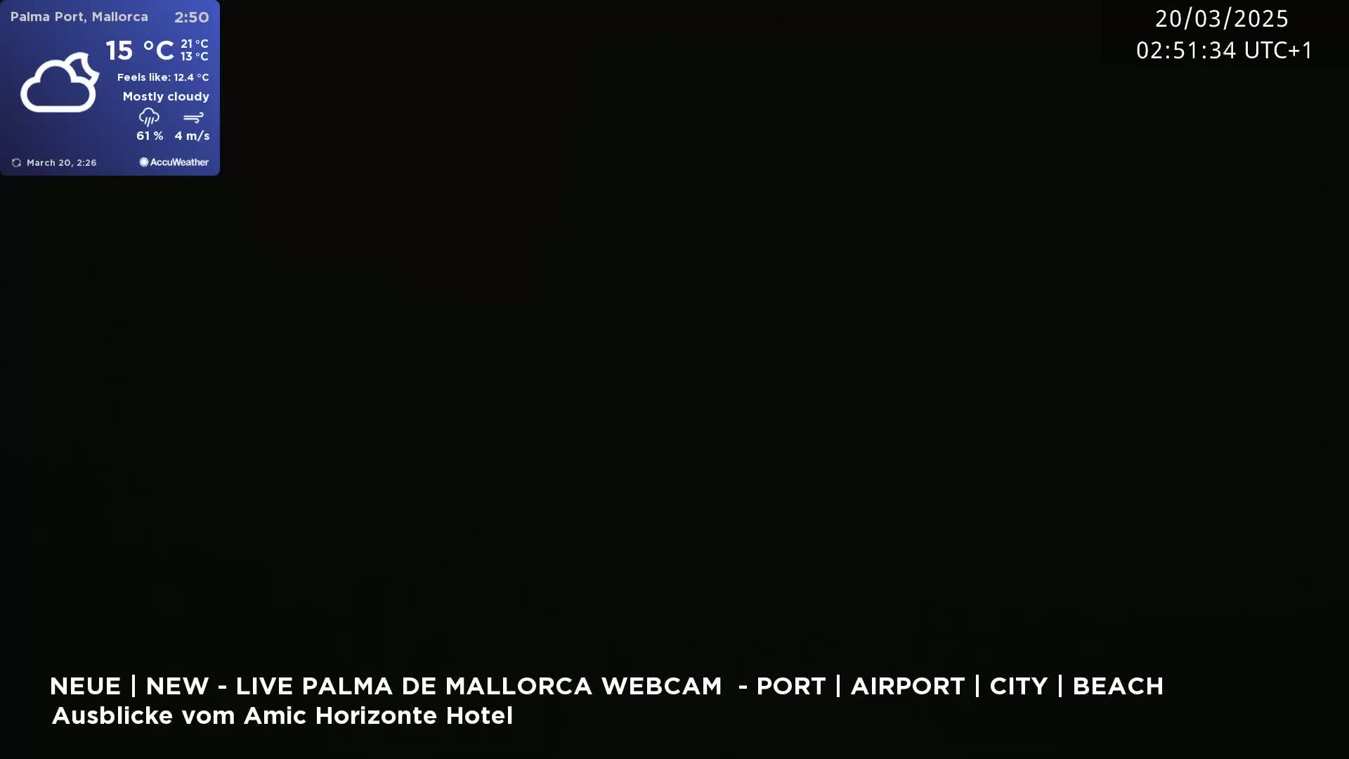 A mostly cloudy night scene is shown, with a 15°C temperature and a 4 m/s wind speed.