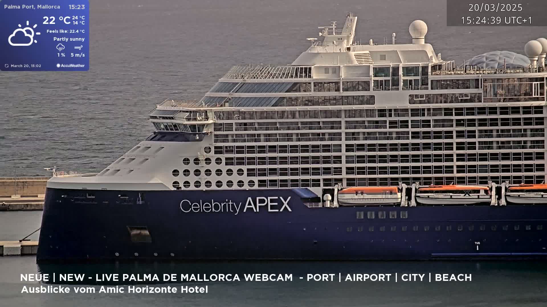 A large cruise ship, the Celebrity Apex, is docked in calm, partly sunny water.