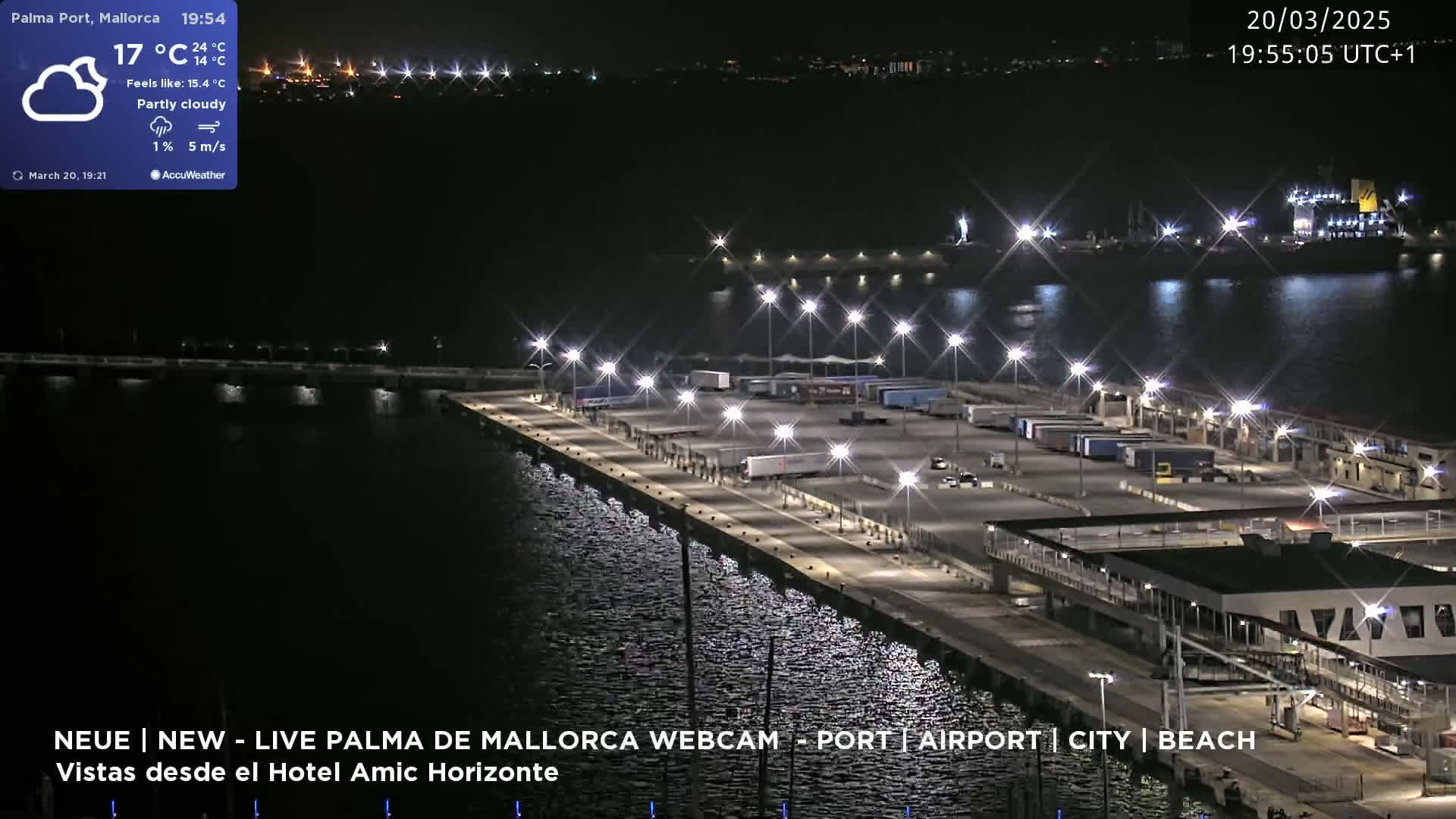 A nighttime, partly cloudy view of a port with numerous trucks parked on a pier extending into dark water.