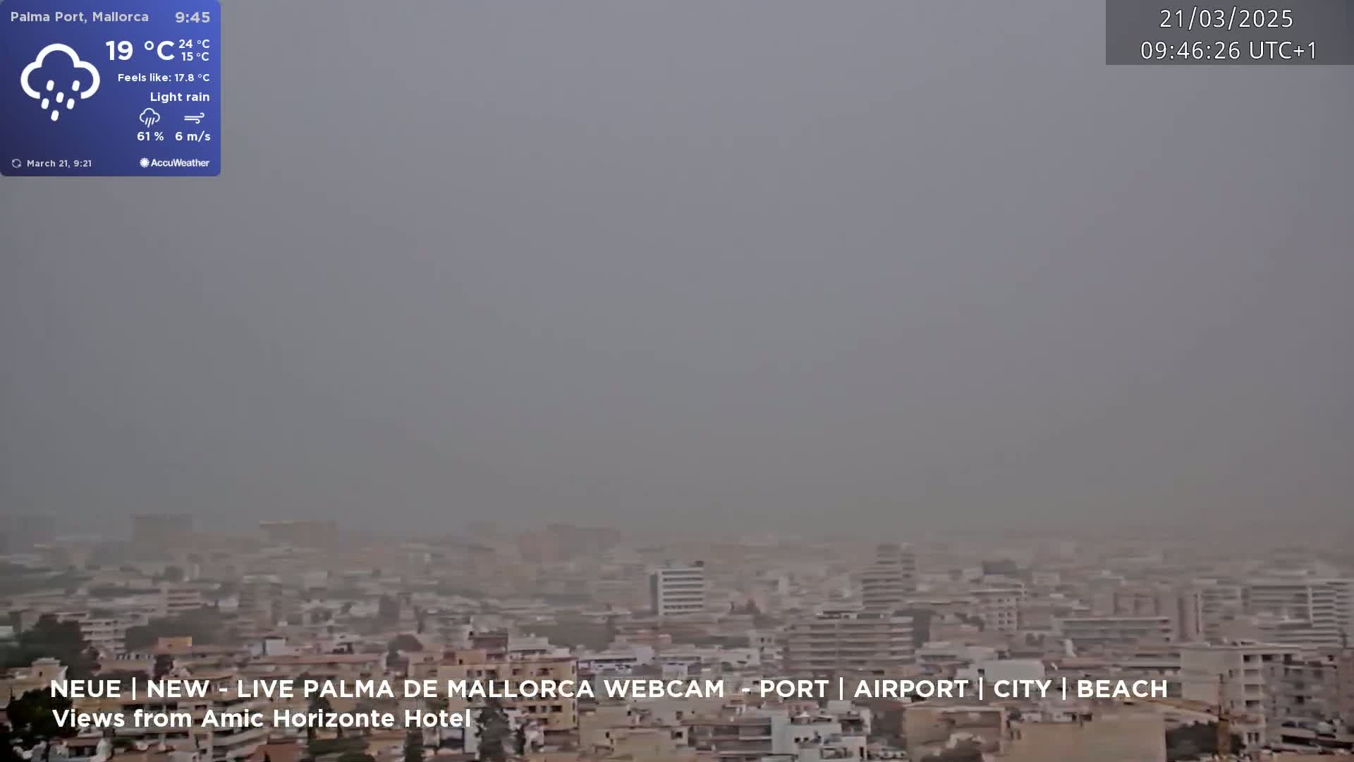 A hazy city landscape is visible under light rain and windy conditions.