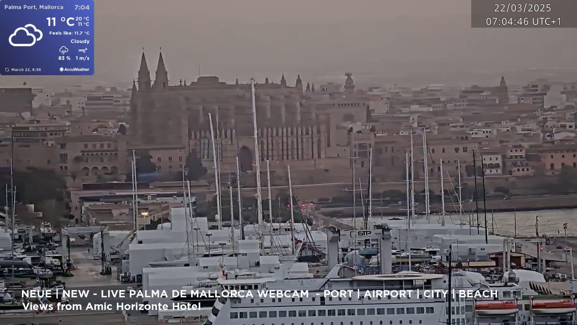 A harbor filled with yachts and a large ferry sits under a cloudy sky in front of a large stone cathedral and a city.