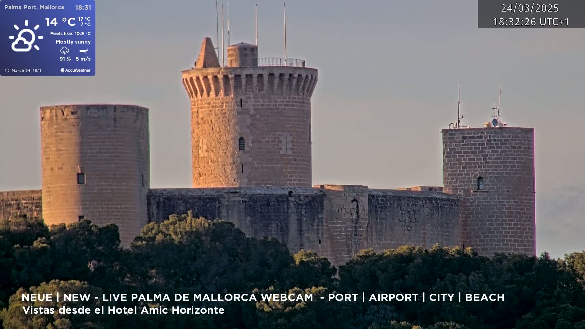 A stone castle with multiple towers is partially obscured by trees under mostly sunny skies.