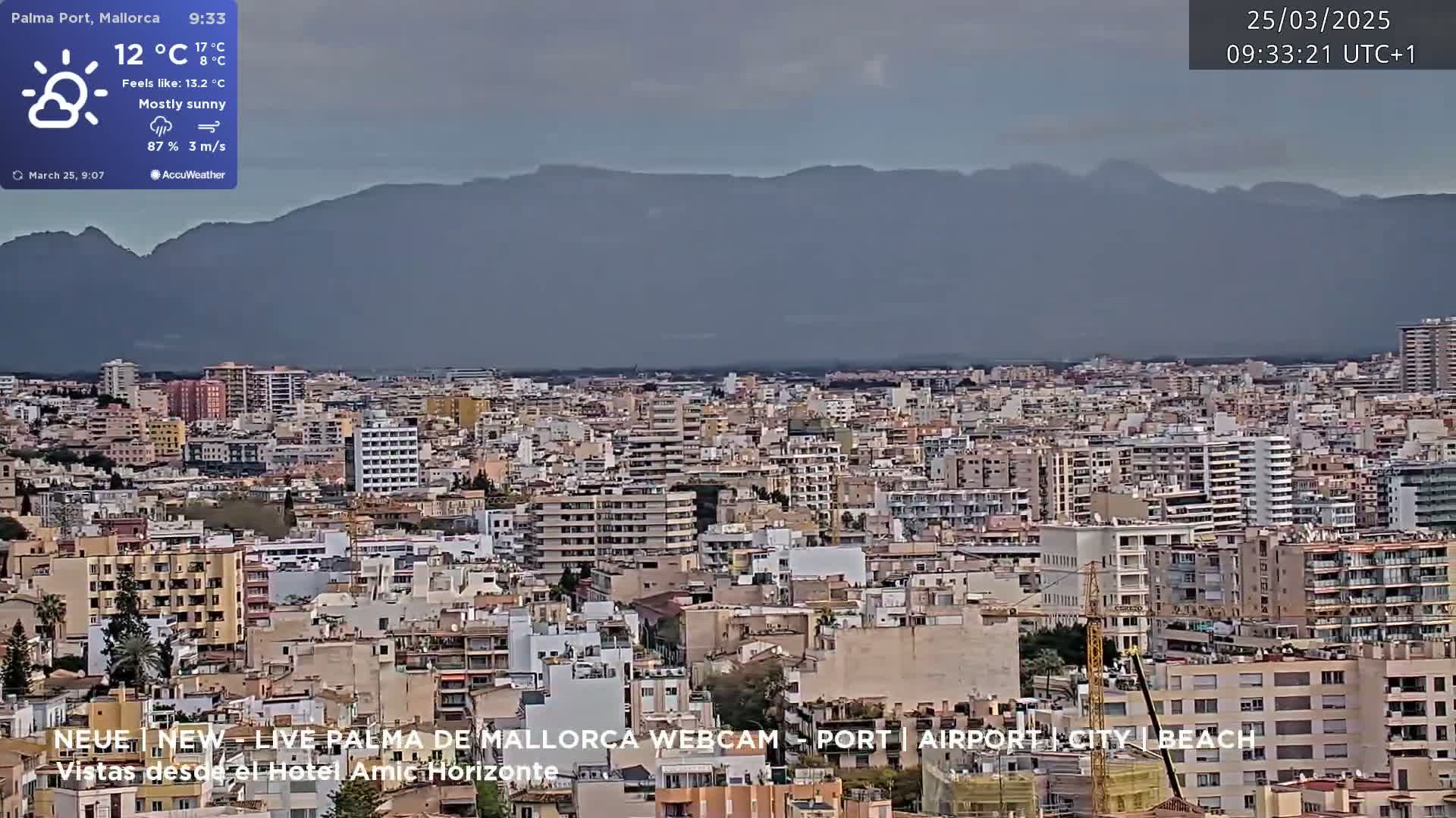 A mostly sunny cityscape with a light breeze is shown, featuring numerous buildings extending to distant mountains under a slightly hazy sky.