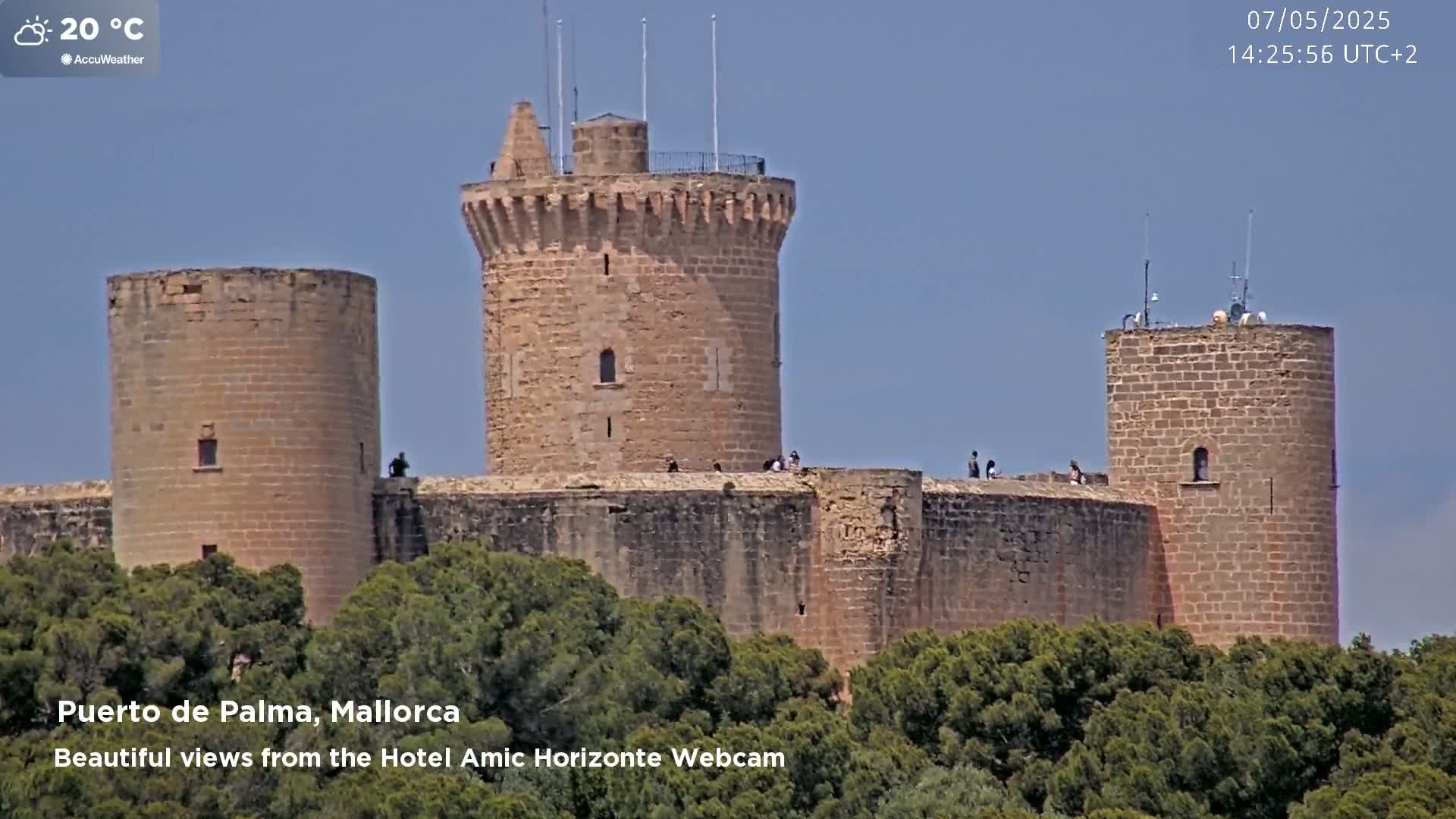 A stone castle with several towers sits atop a hill covered in green trees under a clear blue sky.