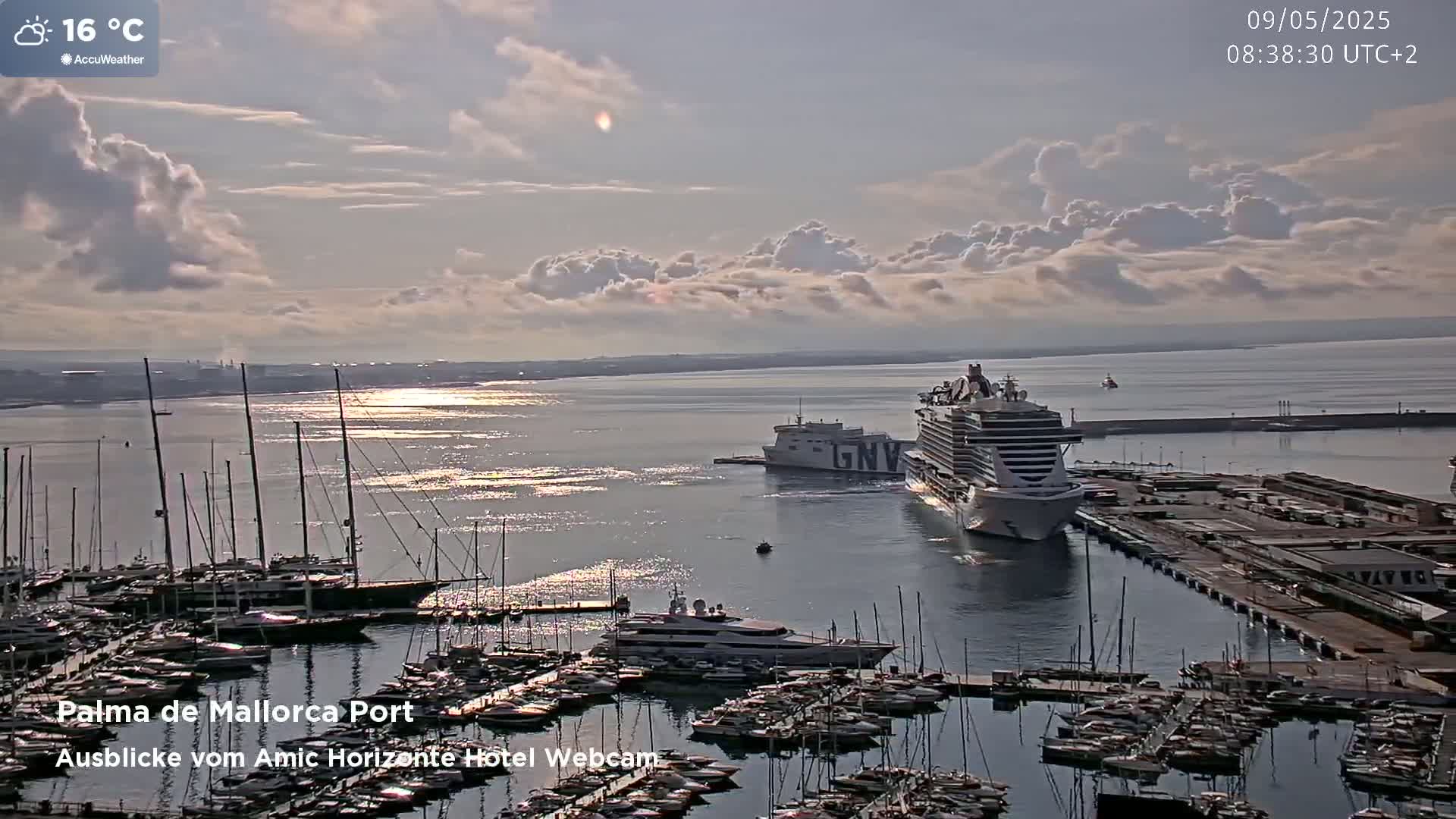 A harbor filled with sailboats and yachts under a partly cloudy sky, with a large cruise ship and a ferry docked nearby.