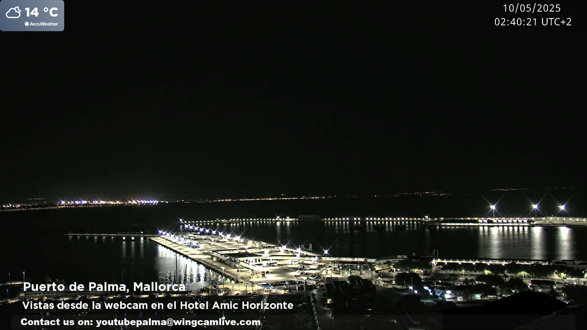 A nighttime view of a harbor, brightly lit with city lights in the distance under a clear sky.