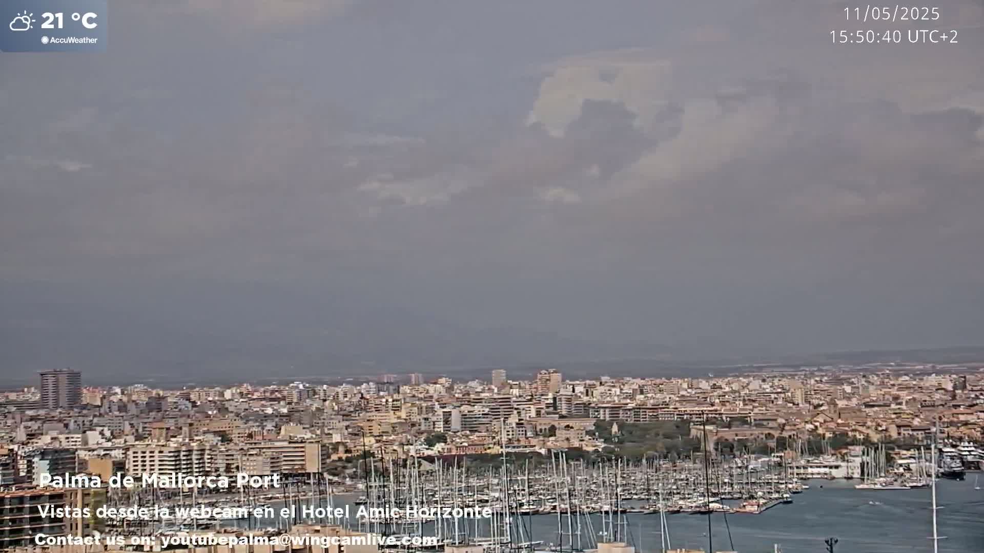 A hazy, partly cloudy day reveals a wide view of Palma de Mallorca Port, showing a large harbor filled with numerous boats and yachts, and a sprawling city extending into the distance.