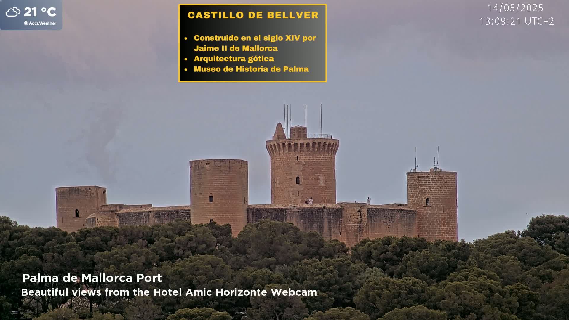 A stone castle with a central tower stands atop a hill covered in dark green trees under an overcast sky.