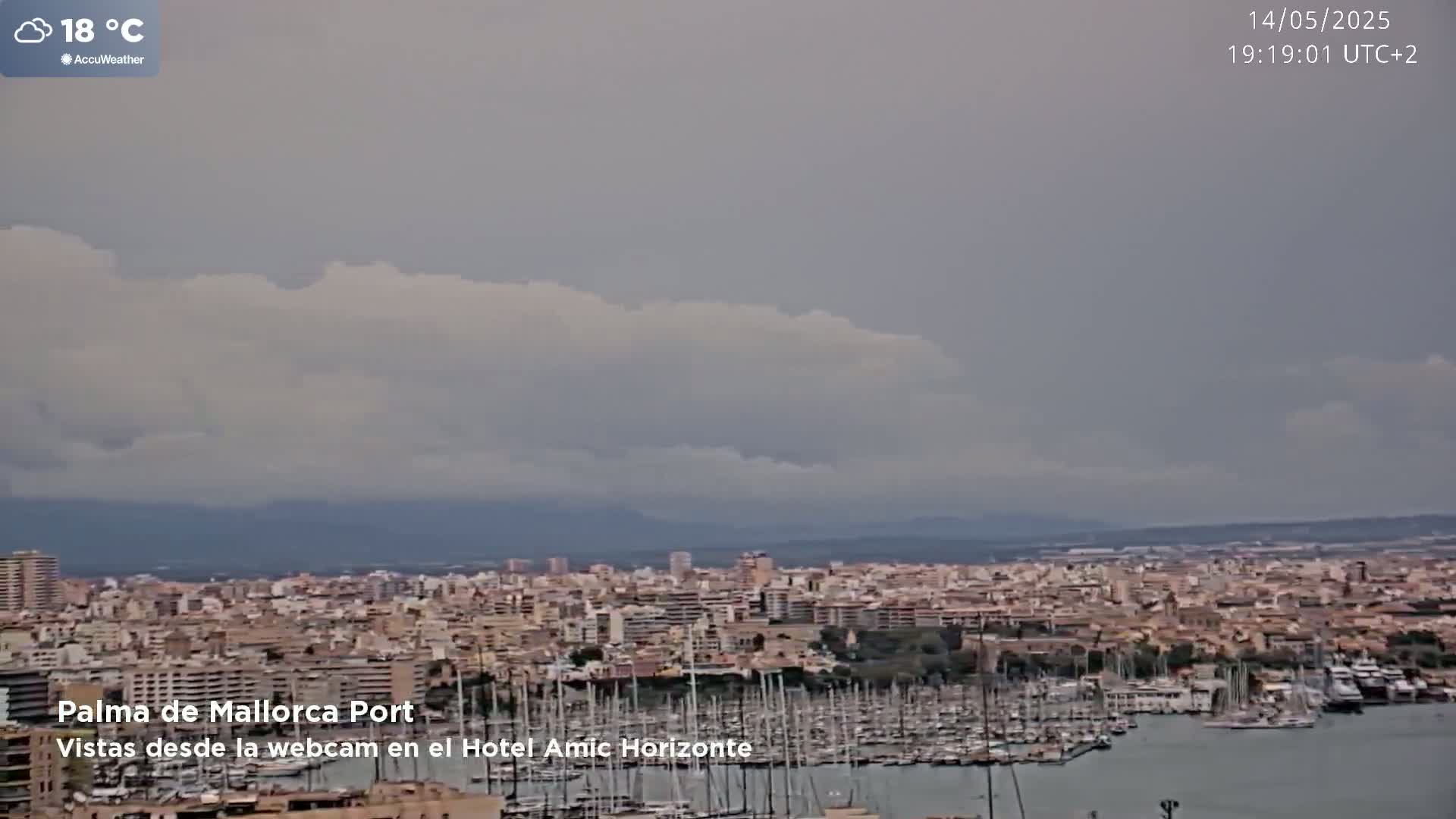 An overcast sky hangs over a sprawling city with a harbor filled with numerous boats, mountains visible in the distance.