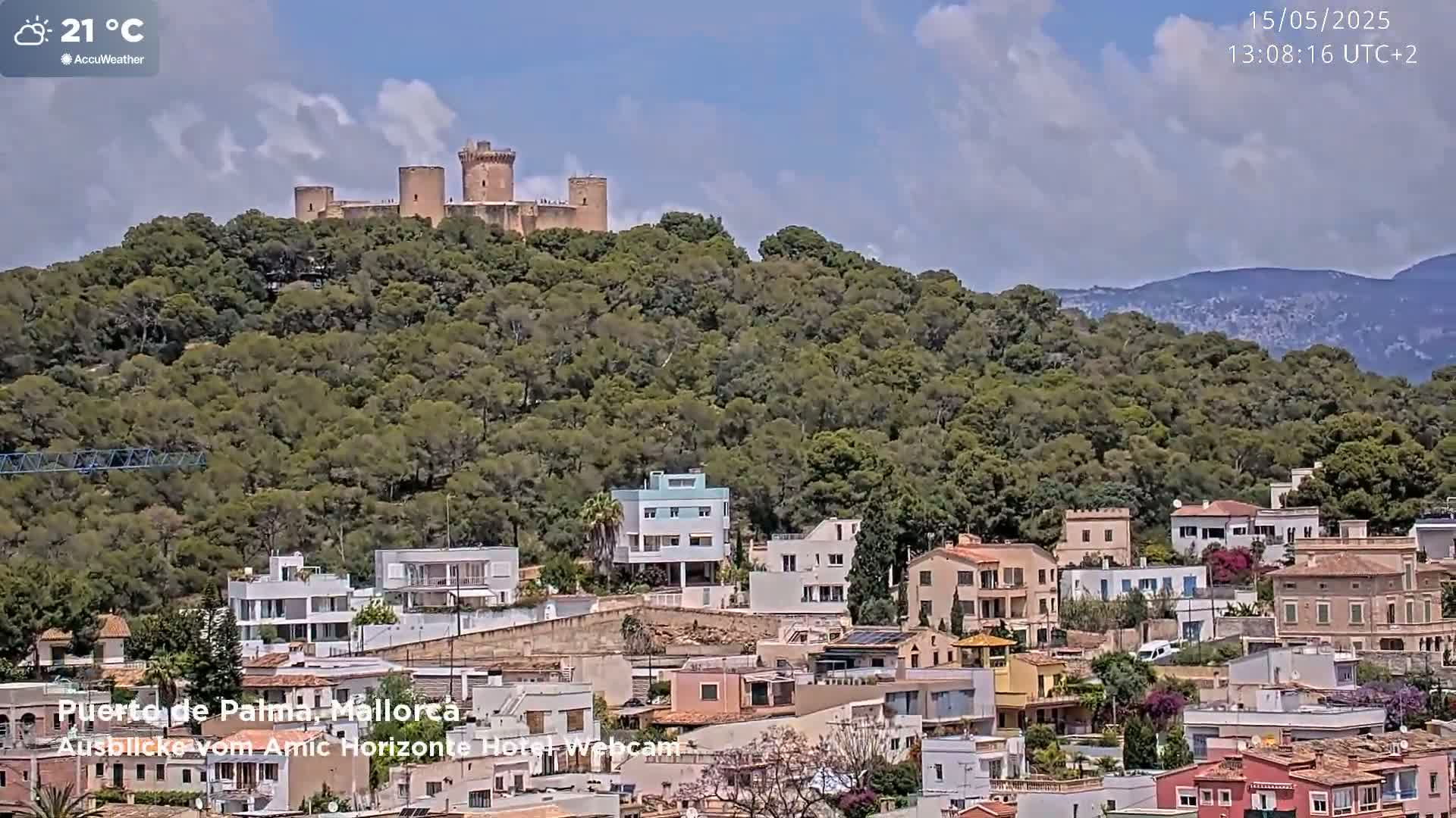 A stone castle sits atop a tree-covered hill overlooking a town of low-rise buildings under a partly cloudy sky.