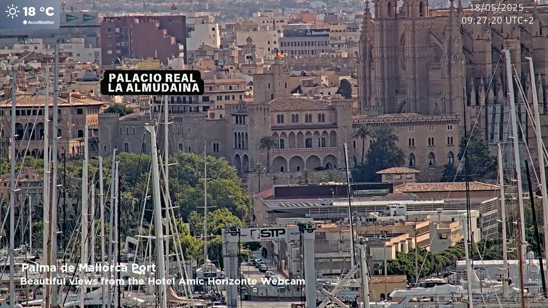 A sunny view of Palma de Mallorca's harbor, featuring the Palacio Real de la Almudaina and numerous sailboats docked alongside a waterfront shipyard.