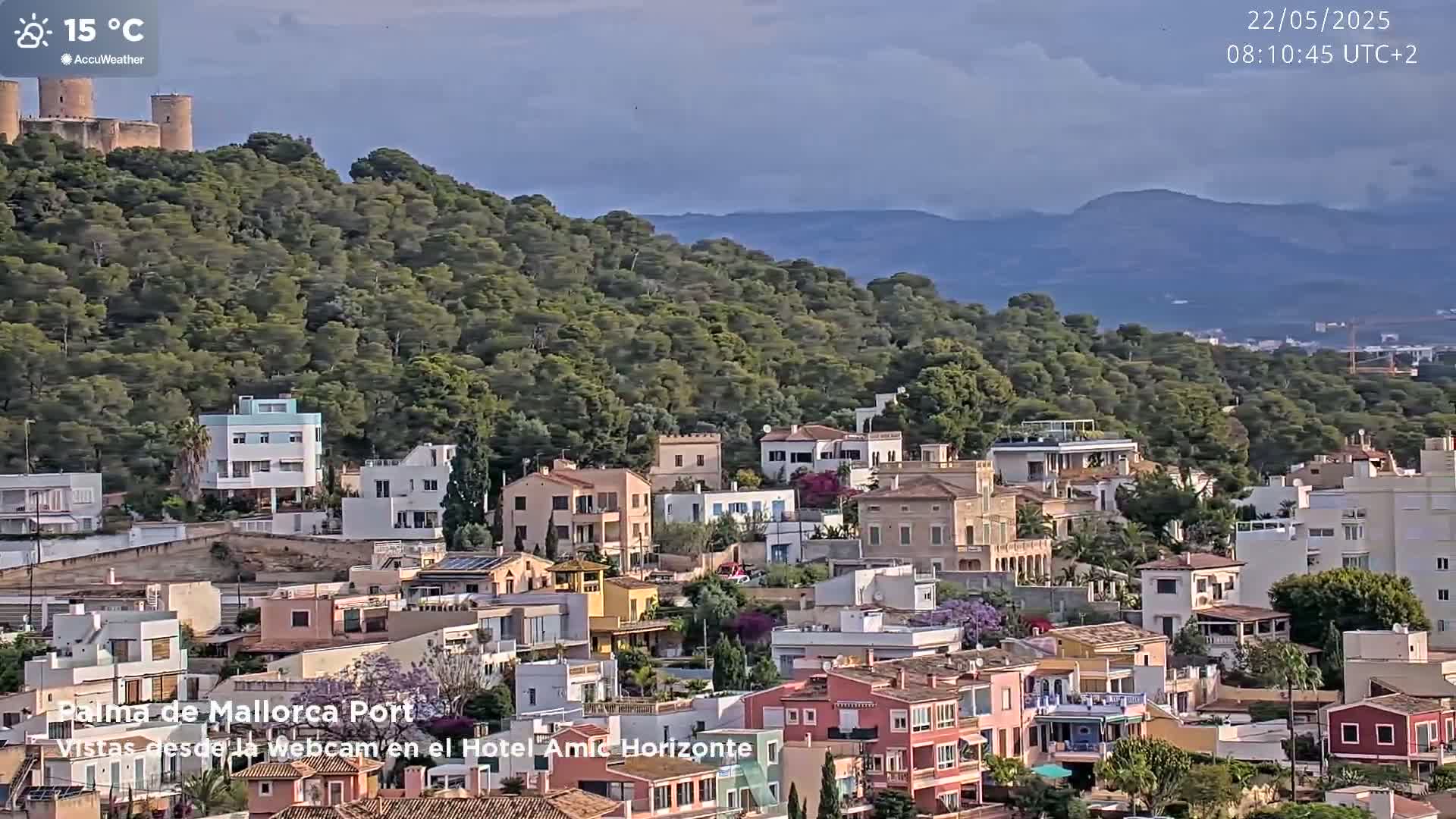 A hillside town with numerous buildings, nestled against a densely wooded hill and overlooking distant mountains, under a partly cloudy sky.