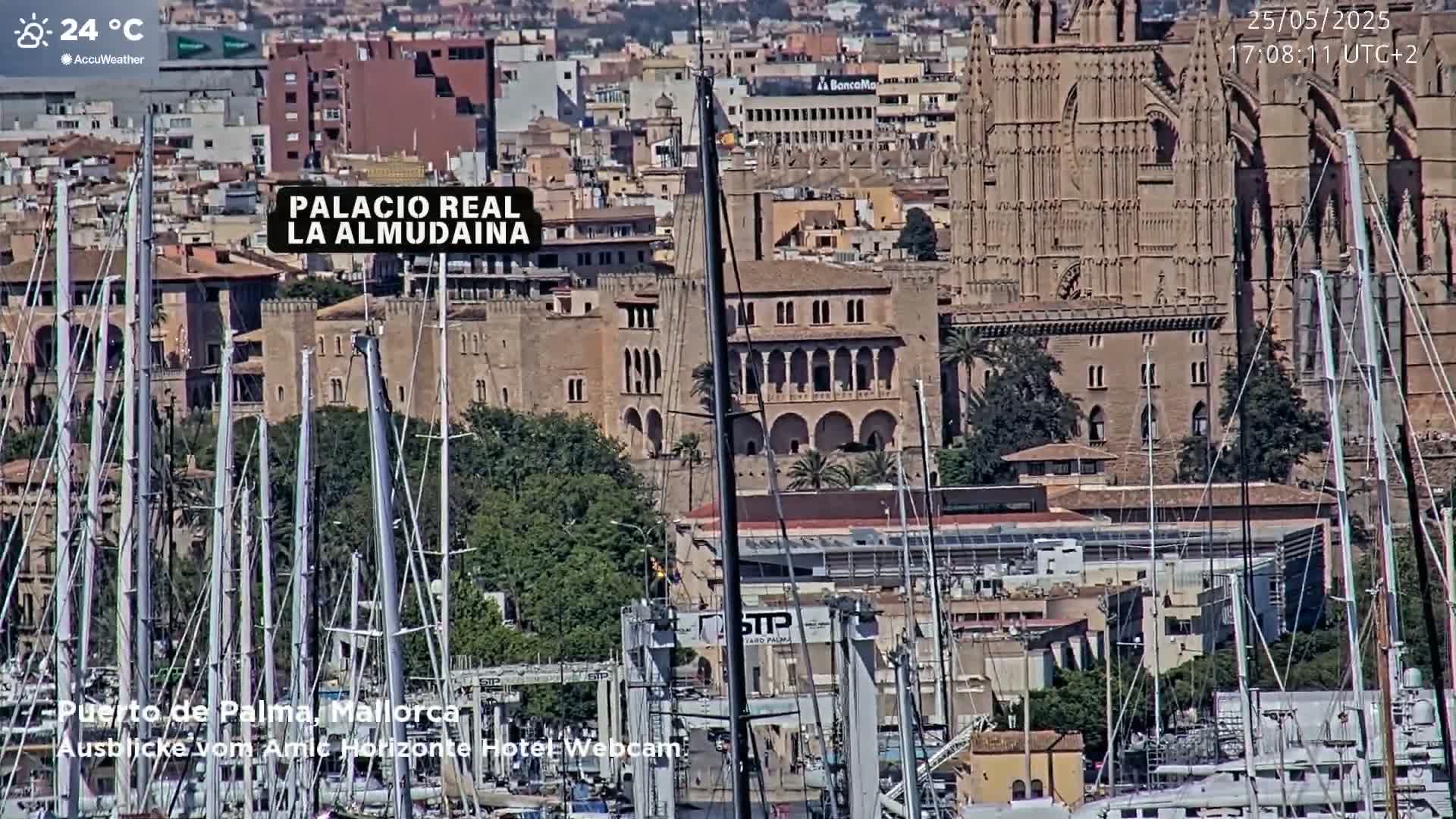 A sunny harbor scene shows numerous sailboats in the foreground with a large palace and cathedral in the background.