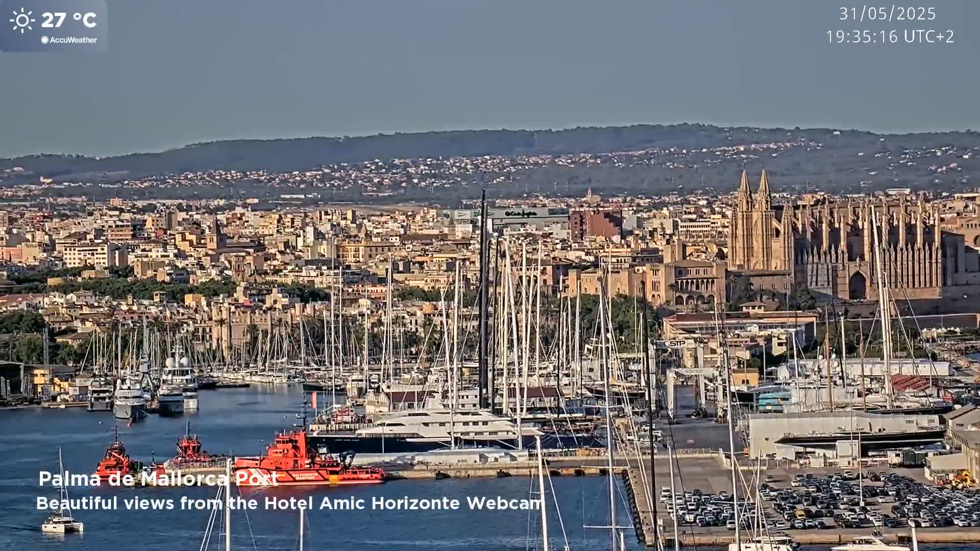 A harbor filled with numerous sailboats and yachts, under a clear sky, overlooks a city featuring a large cathedral, with distant hills visible in the background.