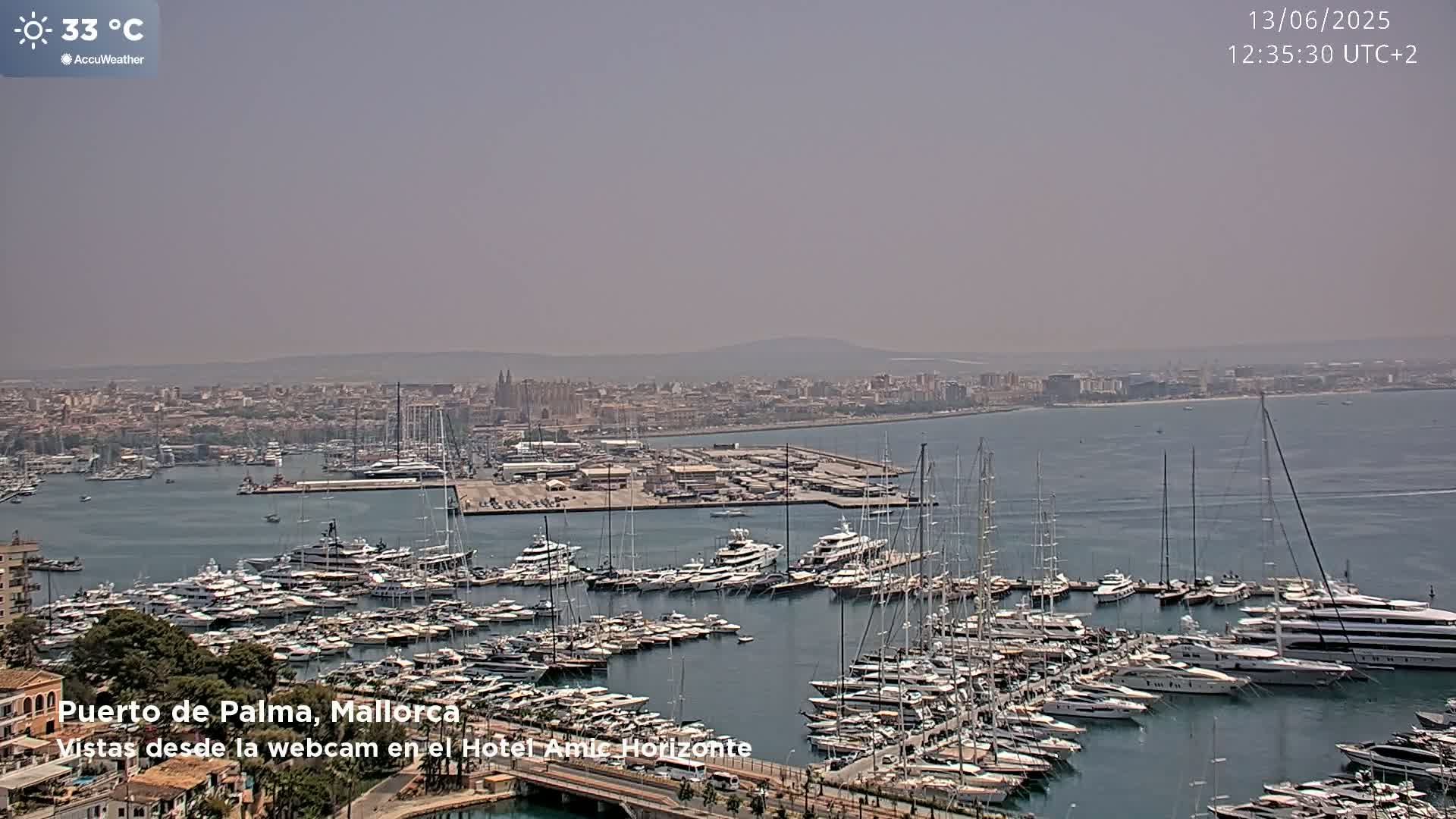 A hazy, sunny day shows a harbor filled with numerous yachts and sailboats, with a city and distant mountains in the background.