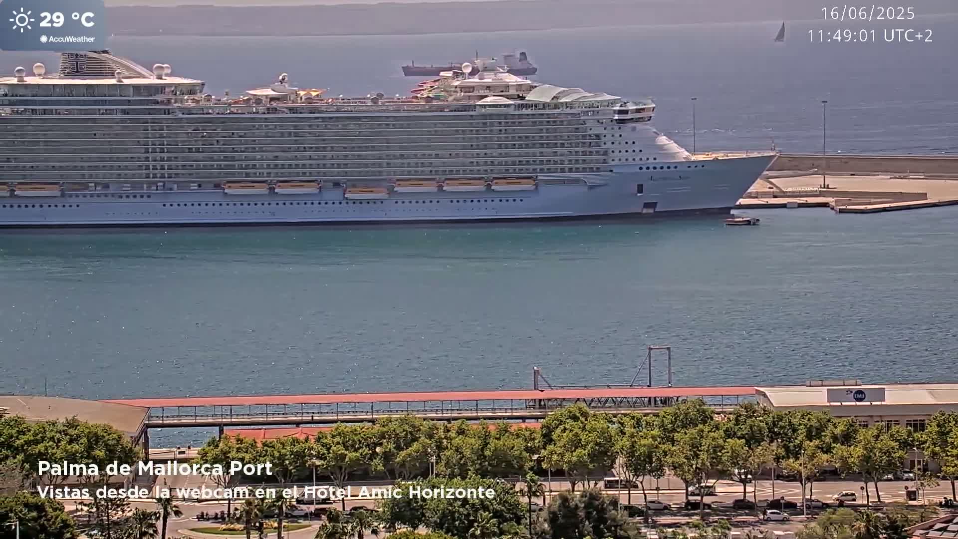 A large cruise ship is docked at a port on a sunny day with calm water, and a walkway and buildings are visible in the foreground.