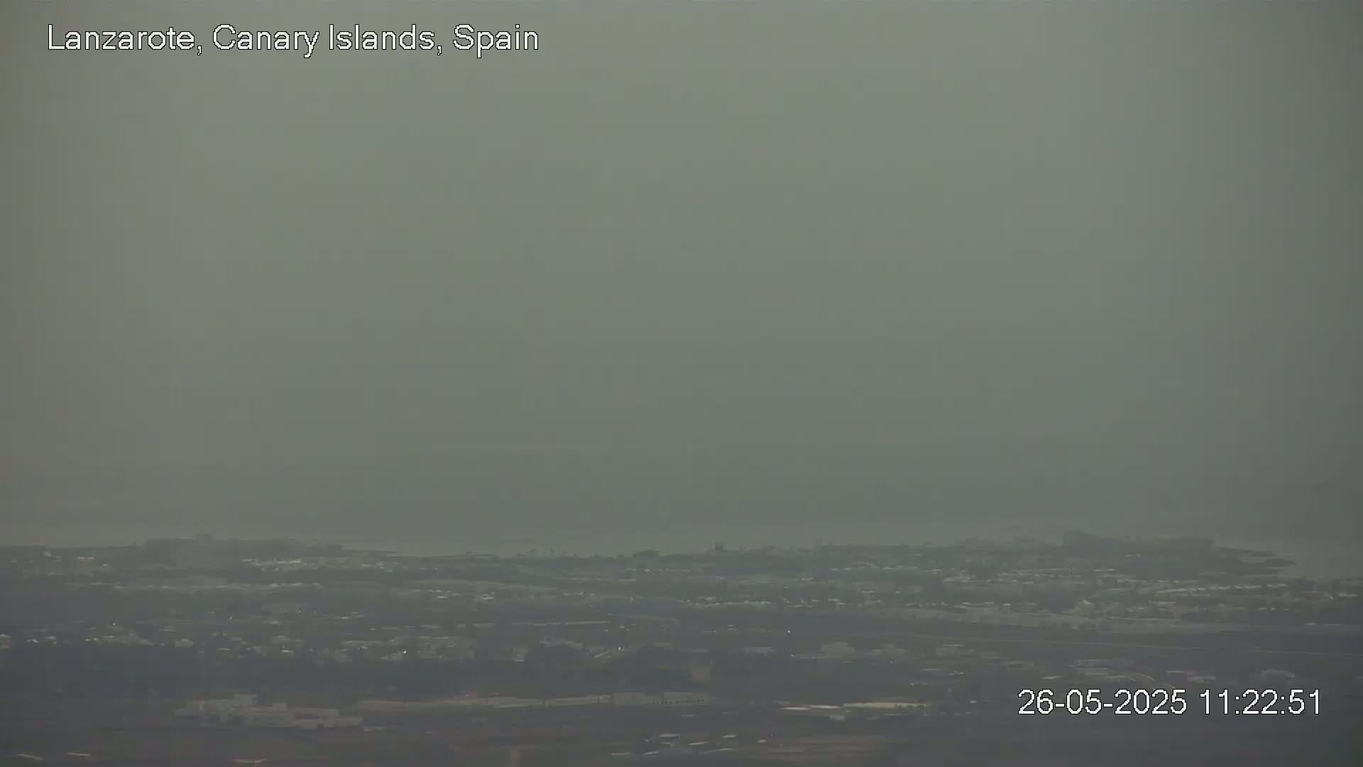 A hazy view shows a distant cityscape and ocean under a muted sky.